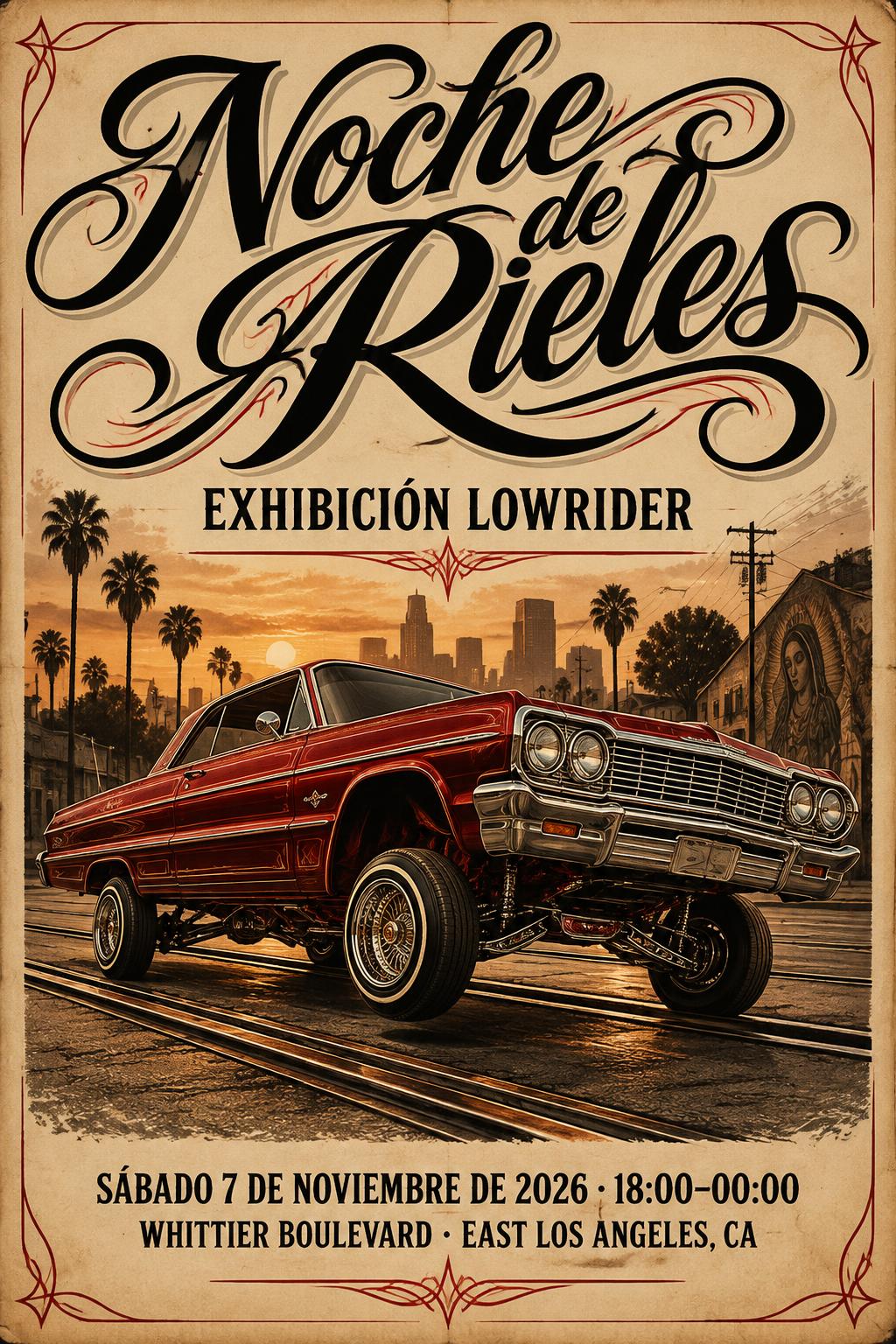 "Noche de Rieles
EXHIBICIÓN LOWRIDER
SÁBADO 7 DE NOVIEMBRE DE 2026 · 18:00–00:00
WHITTIER BOULEVARD · EAST LOS ANGELES, CA" — Chicano | AI Text Effect Generator
