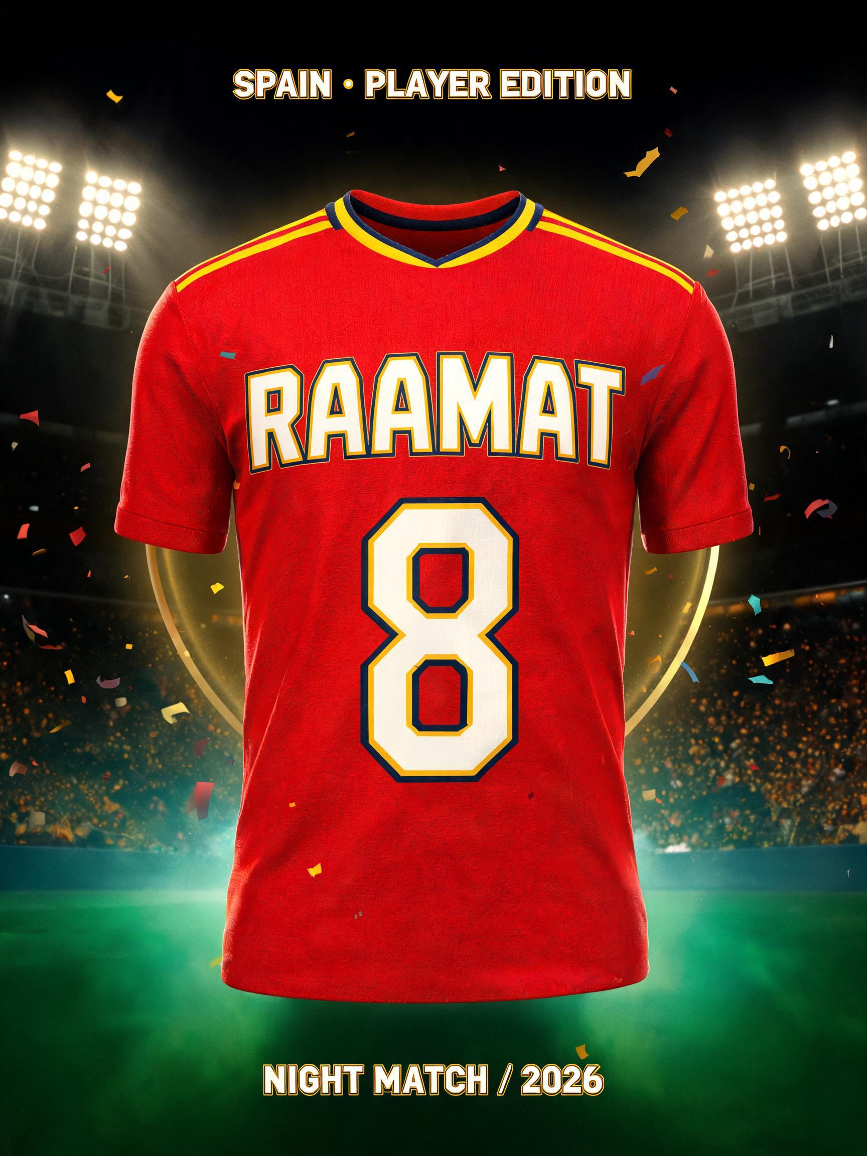 "RAAMAT
8
SPAIN · PLAYER EDITION
NIGHT MATCH / 2026" — Sports Football | AI Text Effect Generator
