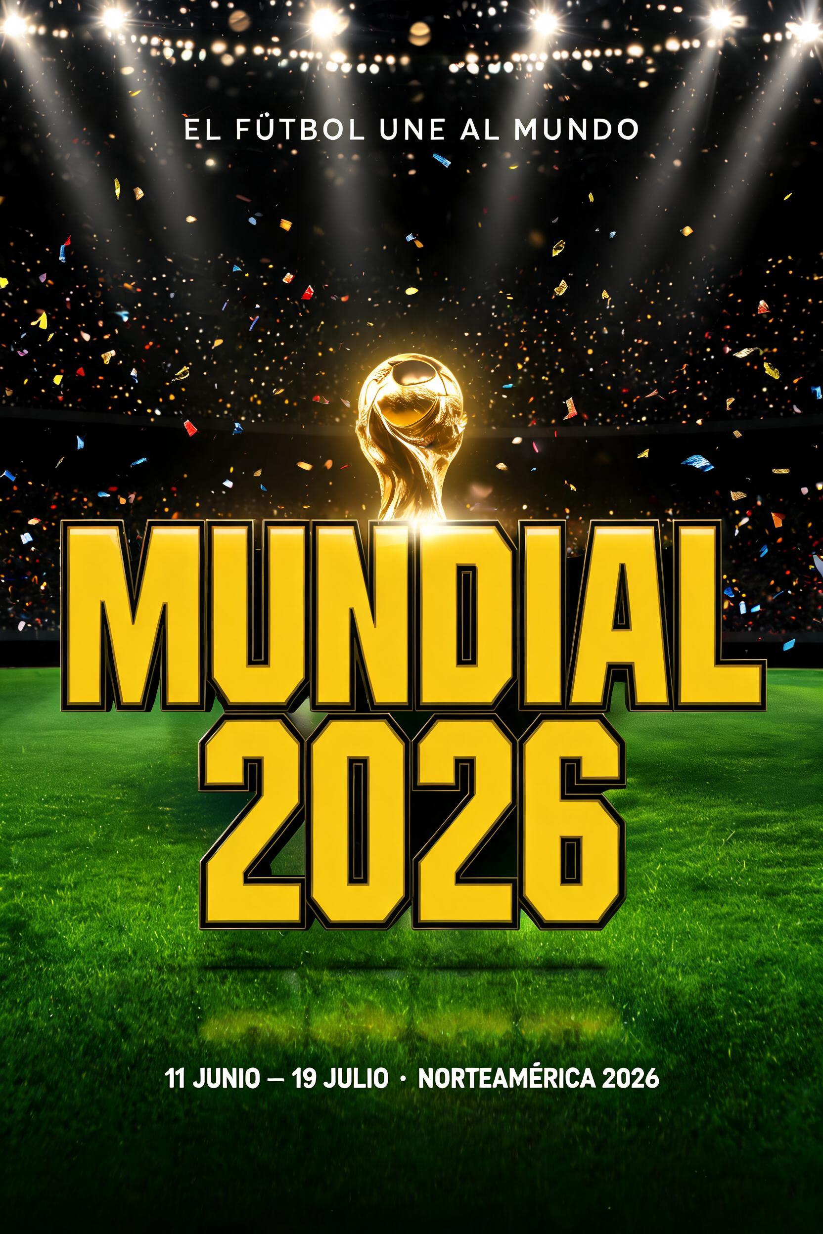 "MUNDIAL
2026
EL FÚTBOL UNE AL MUNDO
11 JUNIO — 19 JULIO · NORTEAMÉRICA 2026" — Sports Football | AI Text Effect Generator
