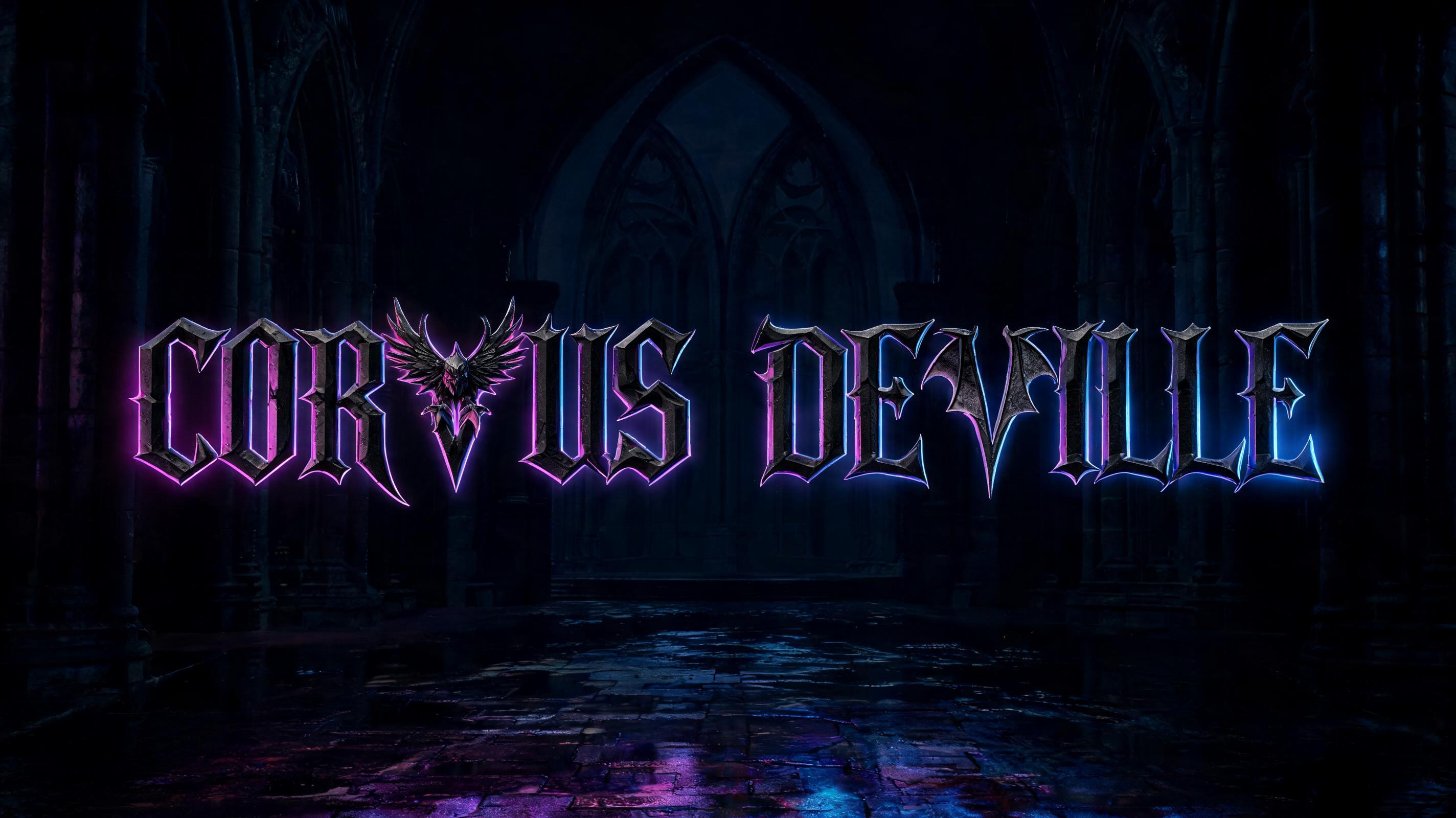 "CreateMake my name Corvus Deville into a heavy metal gothic style lettering make the v in corvus into the bird v logo from devil may cry 5 and the letter v in deville bat v logo. make the letter pitch-black with purple and blue neon lights blending i" — Gothic Font text effect