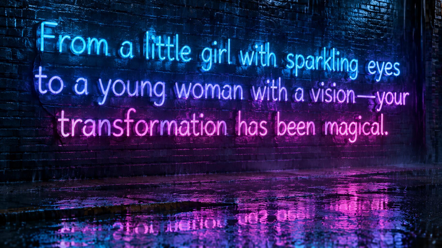 "From a little girl with sparkling eyes to a young woman with a vision—your transformation has been magical." — Neon Glow | AI Text Effect Generator