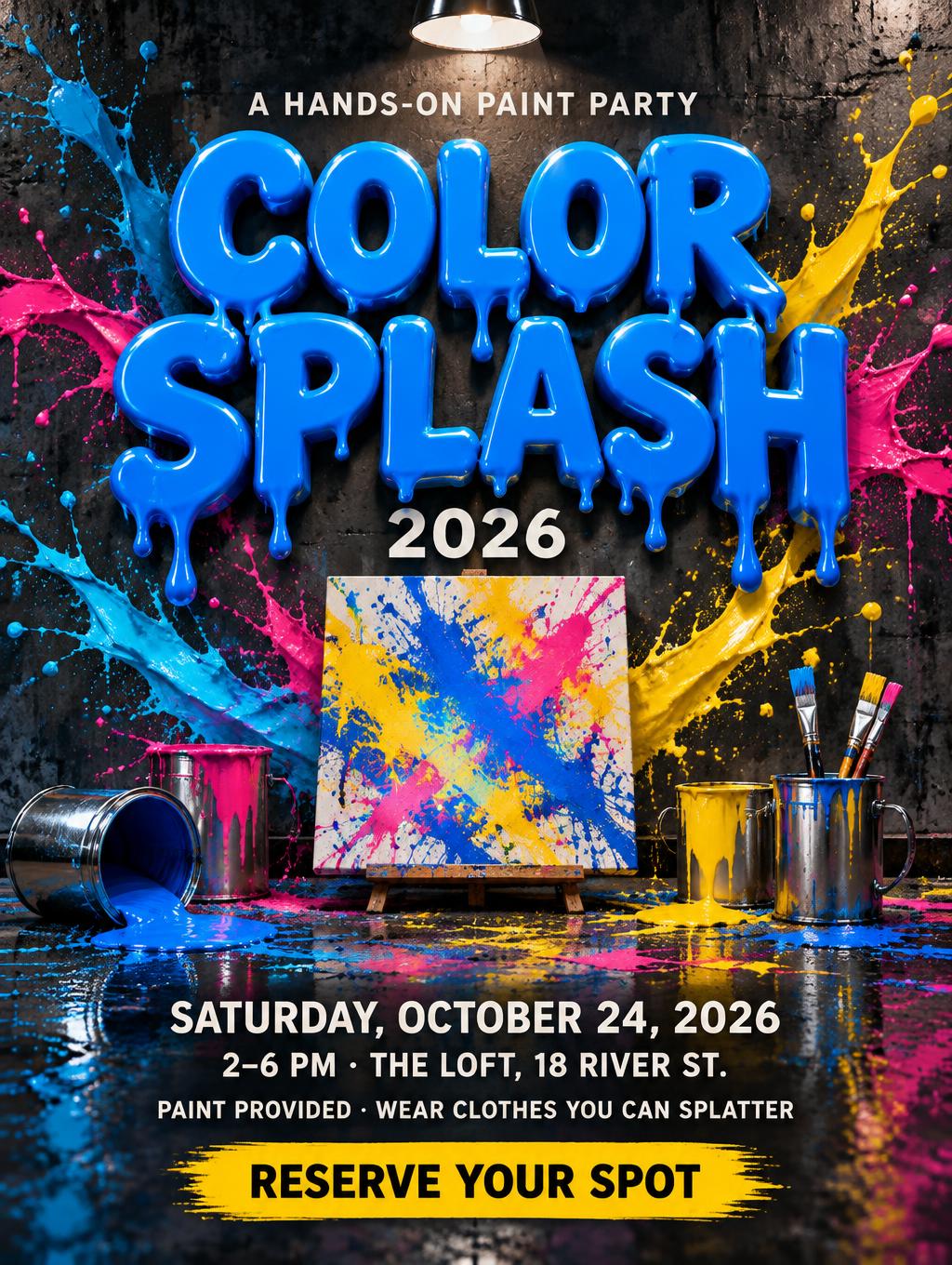 "COLOR SPLASH
2026
A HANDS-ON PAINT PARTY
SATURDAY, OCTOBER 24, 2026
2–6 PM · THE LOFT, 18 RIVER ST.
PAINT PROVIDED · WEAR CLOTHES YOU CAN SPLATTER
RESERVE YOUR SPOT" — Drip Font | AI Text Effect Generator