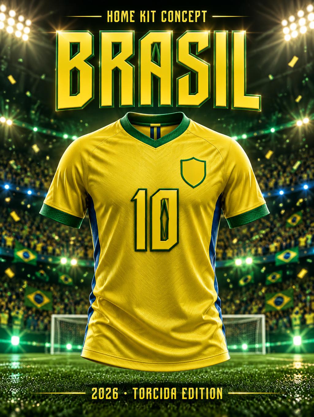 "BRASIL
10
HOME KIT CONCEPT
2026 · TORCIDA EDITION" — Sports Football | AI Text Effect Generator