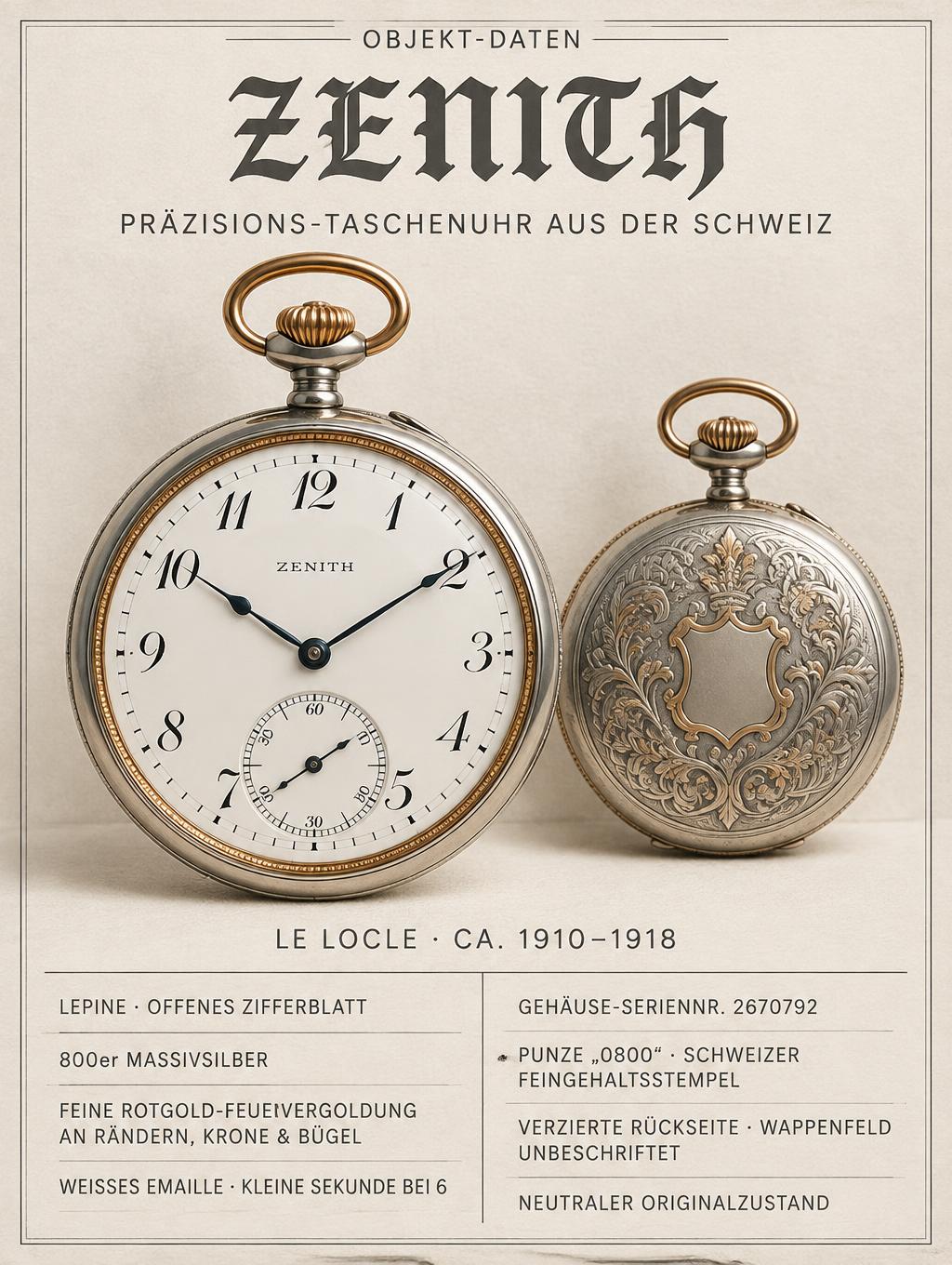 "OBJEKT-DATEN
ZENITH
PRÄZISIONS-TASCHENUHR AUS DER SCHWEIZ
LE LOCLE · CA. 1910–1918
LEPINE · OFFENES ZIFFERBLATT
800er MASSIVSILBER
FEINE ROTGOLD-FEUERVERGOLDUNG AN RÄNDERN, KRONE & BÜGEL
WEISSES EMAILLE · KLEINE SEKUNDE BEI 6
GEHÄUSE-SERIENNR. 2670792
PUNZE „0800“ · SCHWEIZER FEINGEHALTSSTEMPEL
VERZIERTE RÜCKSEITE · WAPPENFELD UNBESCHRIFTET
NEUTRALER ORIGINALZUSTAND" —  | AI Text Effect Generator