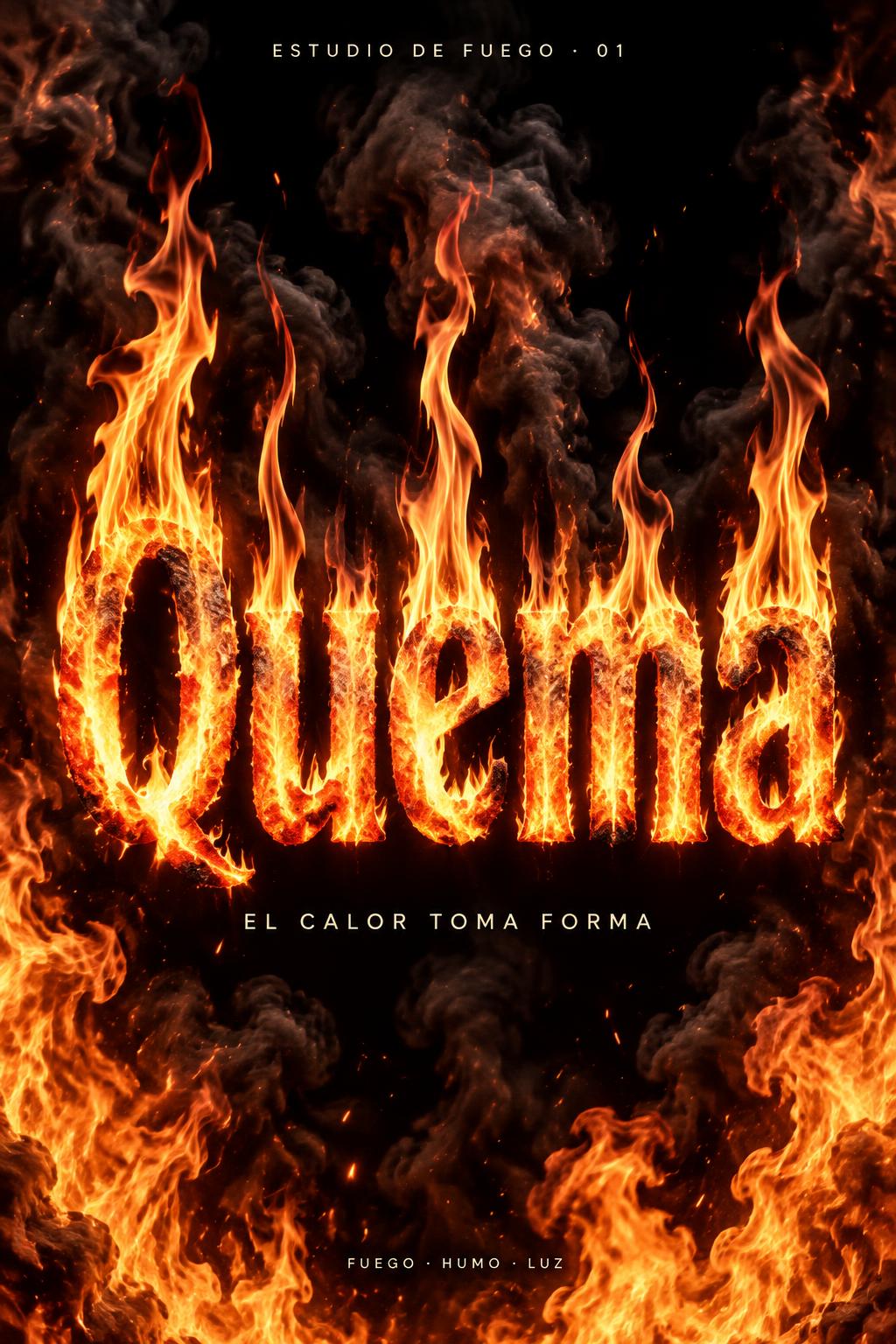 "Quema
EL CALOR TOMA FORMA
ESTUDIO DE FUEGO · 01
FUEGO · HUMO · LUZ" — Fire Smoke | AI Text Effect Generator