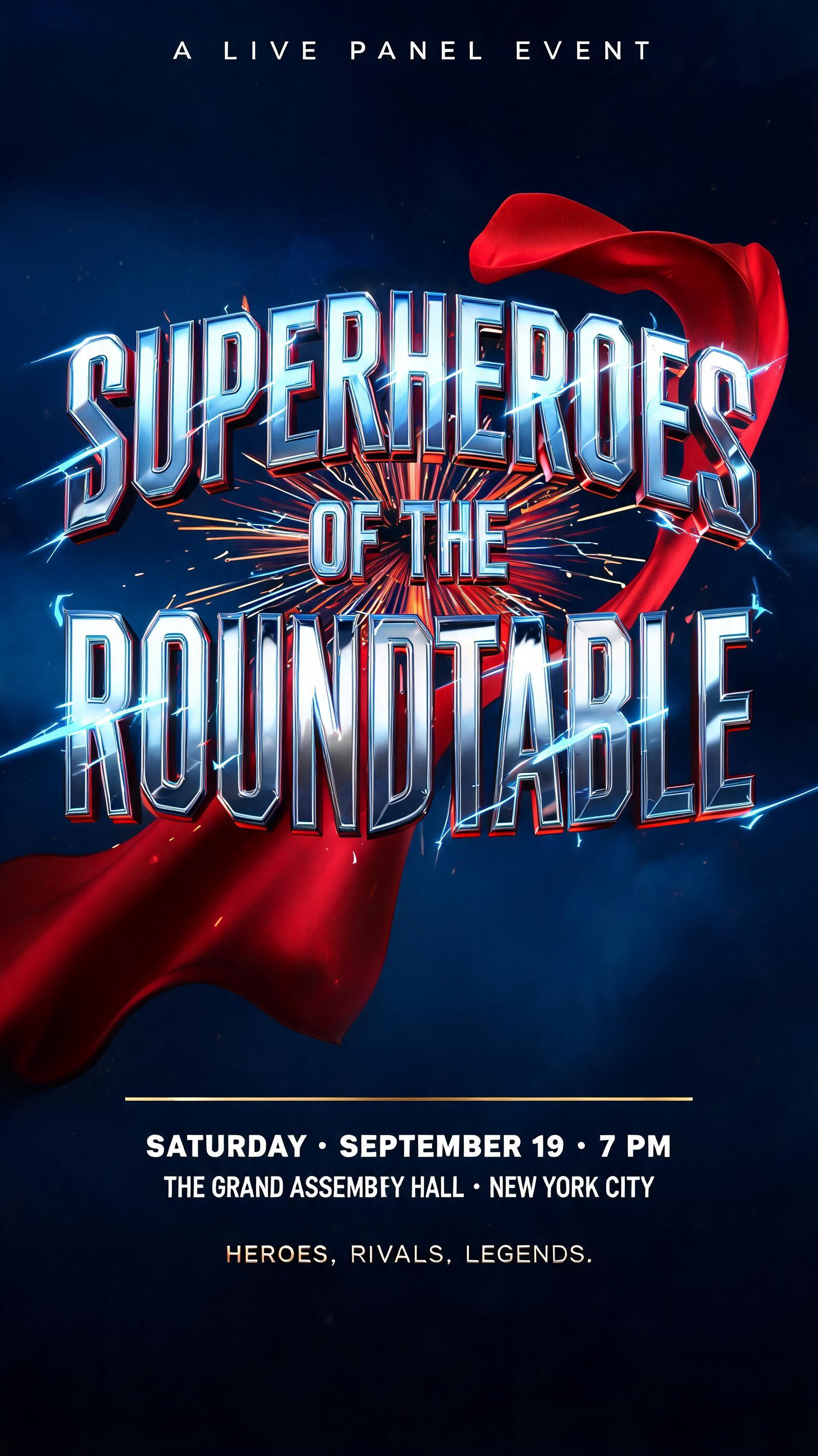 SUPERHEROES
OF THE
ROUNDTABLE
A LIVE PANEL EVENT
SATURDAY · SEPTEMBER 19 · 7 PM
THE GRAND ASSEMBLY HALL · NEW YORK CITY
HEROES. RIVALS. LEGENDS.