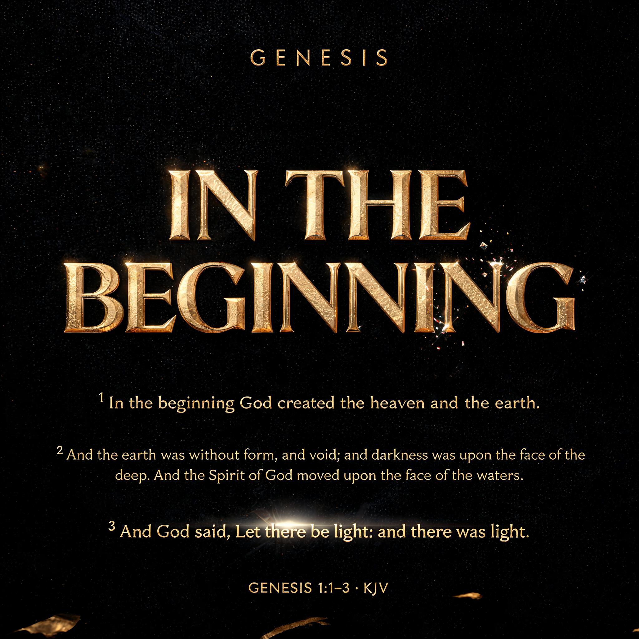 "GENESIS
IN THE
BEGINNING
¹ In the beginning God created the heaven and the earth.
² And the earth was without form, and void; and darkness was upon the face of the deep. And the Spirit of God moved upon the face of the waters.
³ And God said, Let there be light: and there was light.
GENESIS 1:1–3 · KJV" — Luxury Gold | AI Text Effect Generator