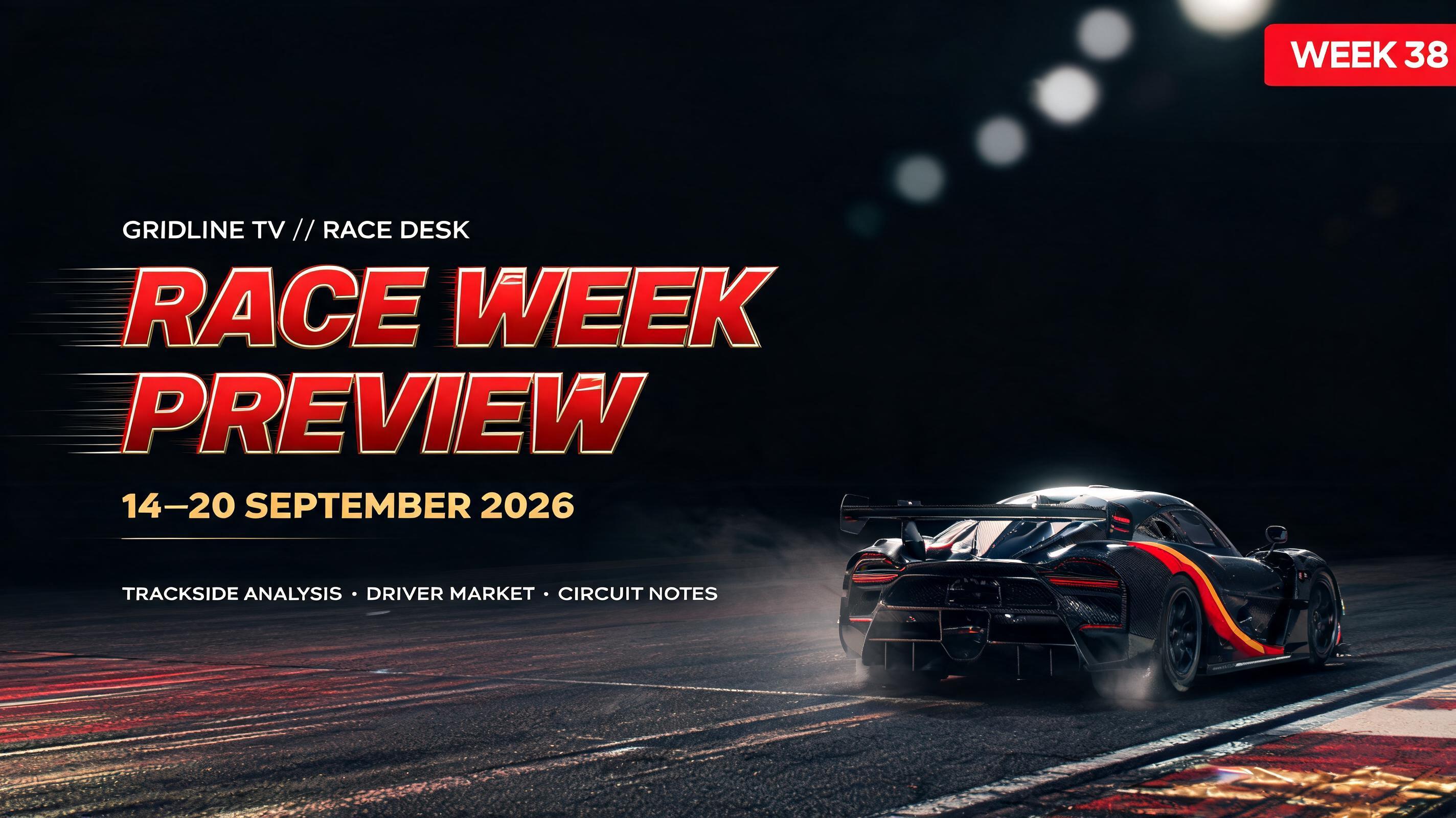 "RACE WEEK
PREVIEW
GRIDLINE TV // RACE DESK
14–20 SEPTEMBER 2026
TRACKSIDE ANALYSIS · DRIVER MARKET · CIRCUIT NOTES
WEEK 38" — Racing text effect