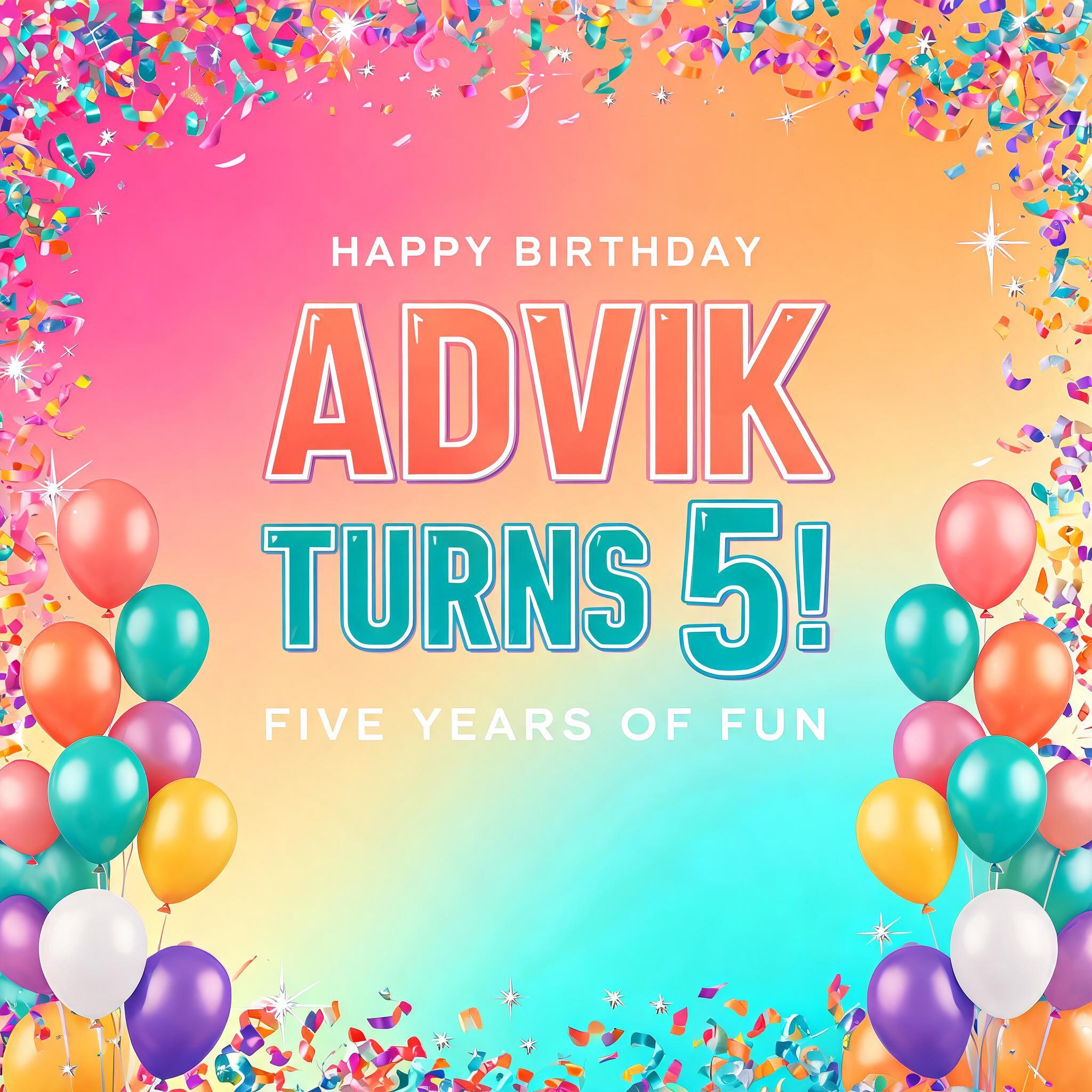 "ADVIK
TURNS 5!
HAPPY BIRTHDAY
FIVE YEARS OF FUN" — Birthday text effect