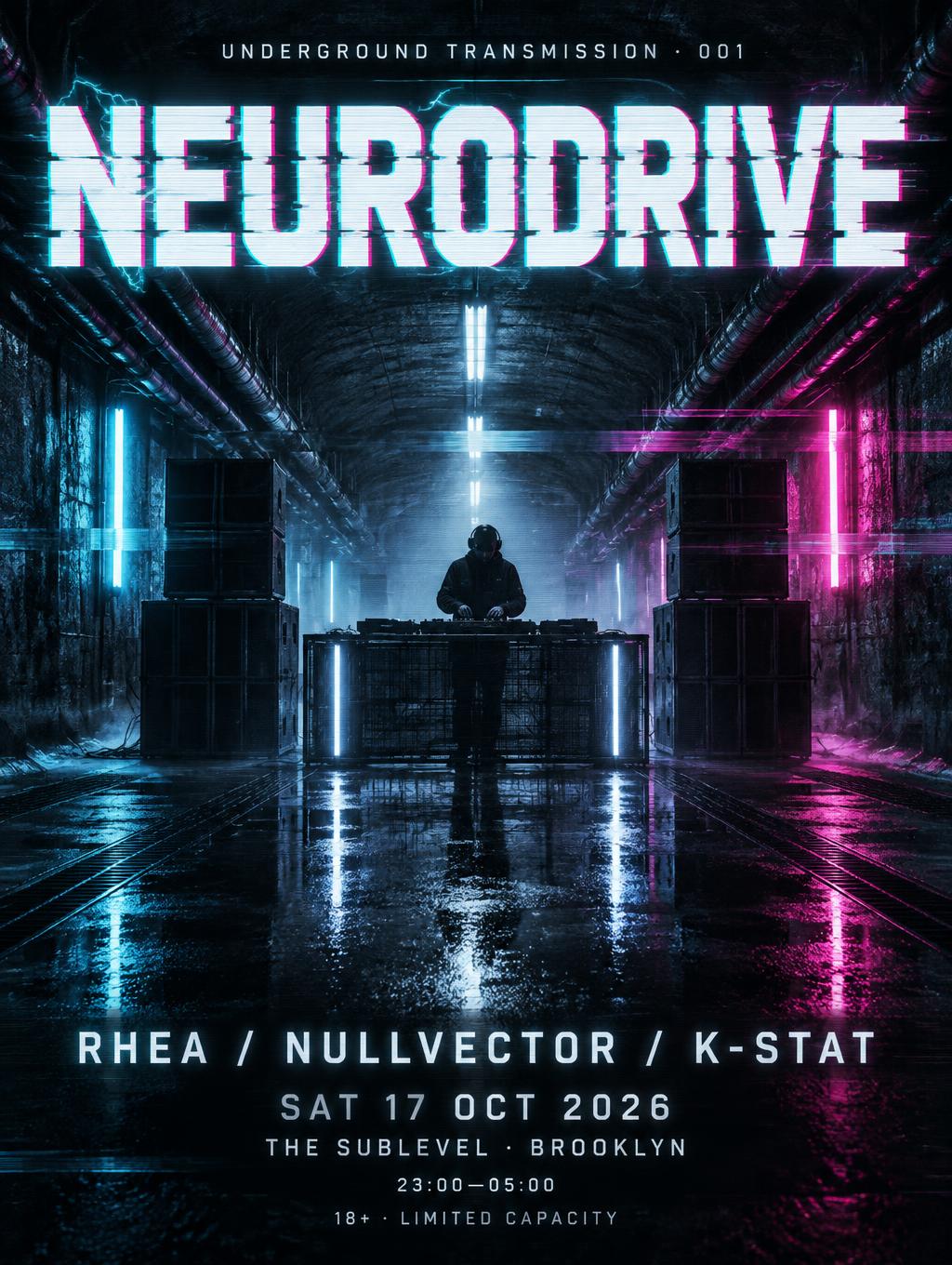 "NEURODRIVE
UNDERGROUND TRANSMISSION · 001
RHEA / NULLVECTOR / K-STAT
SAT 17 OCT 2026
THE SUBLEVEL · BROOKLYN
23:00—05:00
18+ · LIMITED CAPACITY" — Cyberpunk | AI Text Effect Generator