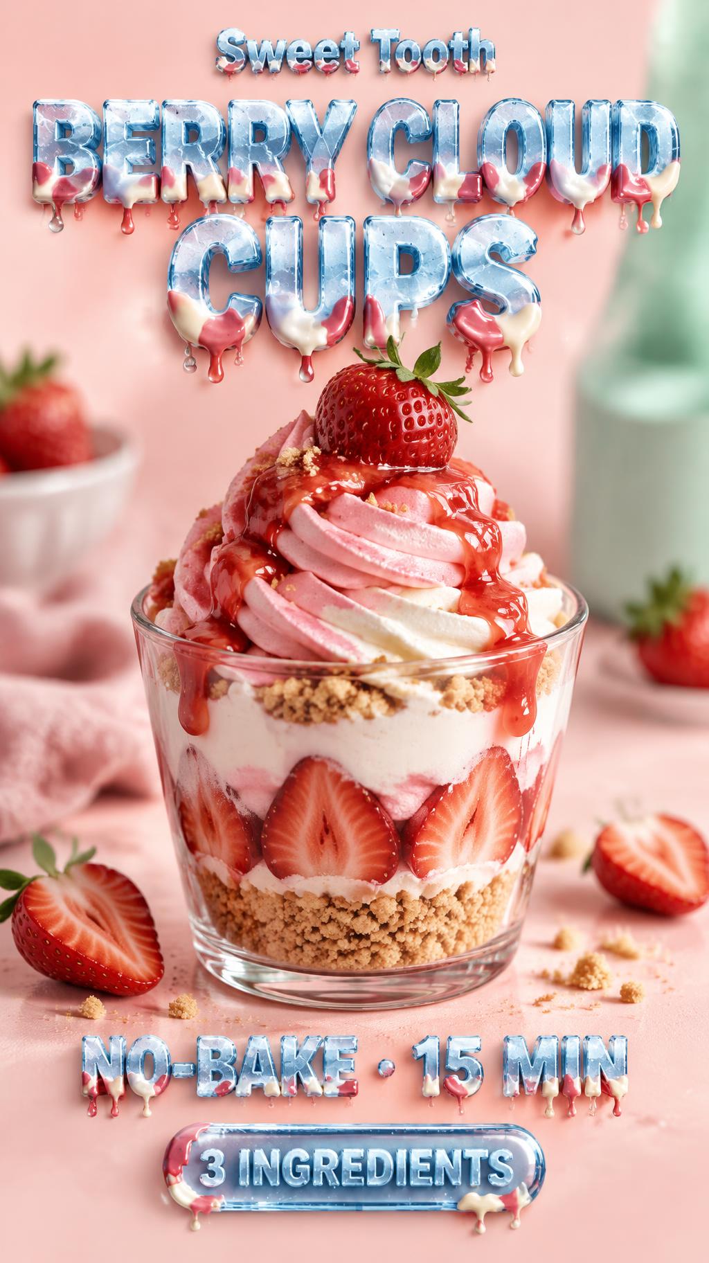"BERRY CLOUD CUPS
NO-BAKE · 15 MIN
3 INGREDIENTS
Sweet Tooth" — Drip Font Ice | AI Text Effect Generator