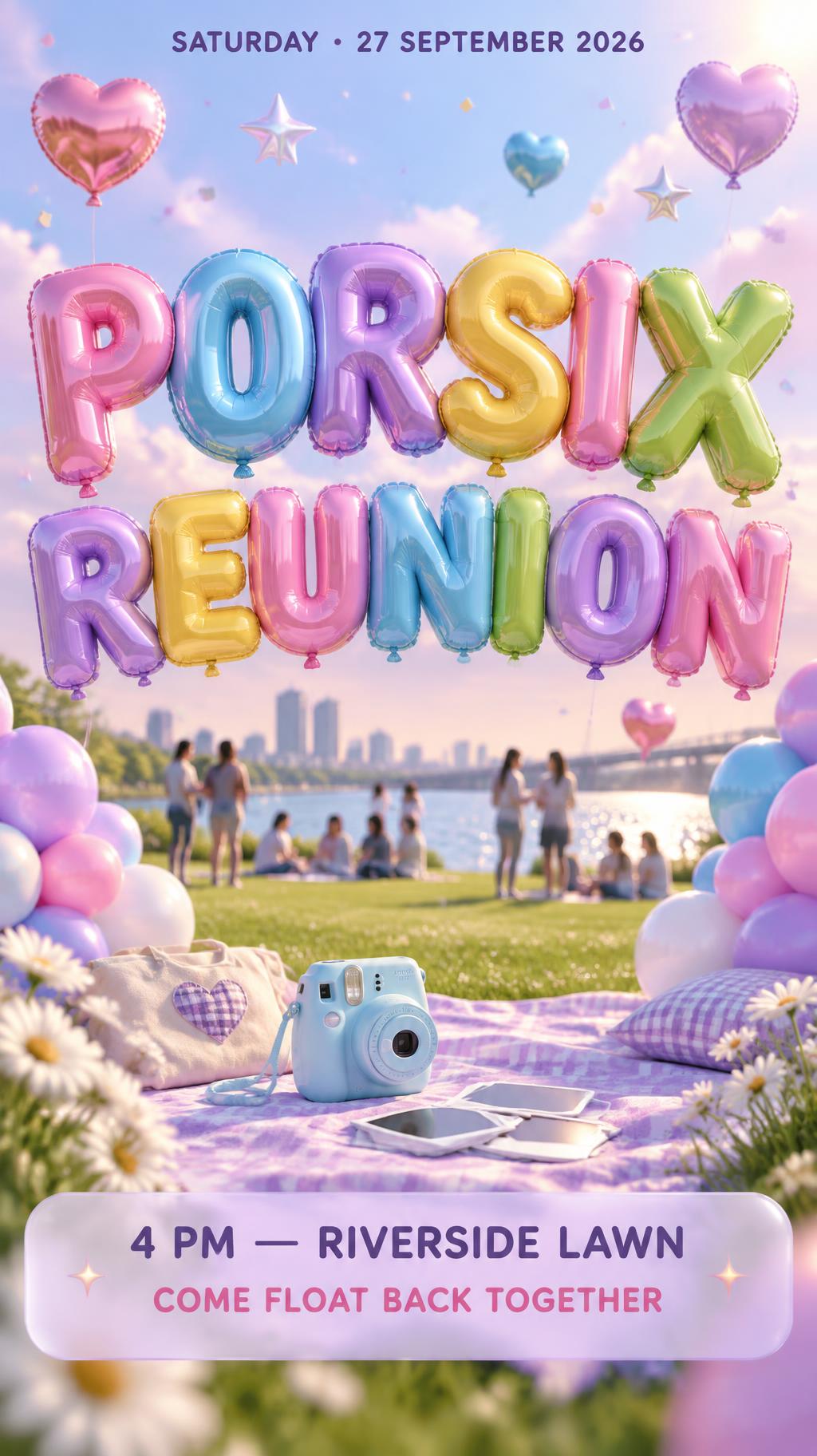 "PORSIX
REUNION
SATURDAY • 27 SEPTEMBER 2026
4 PM — RIVERSIDE LAWN
COME FLOAT BACK TOGETHER" — Y2k Bubbly | AI Text Effect Generator