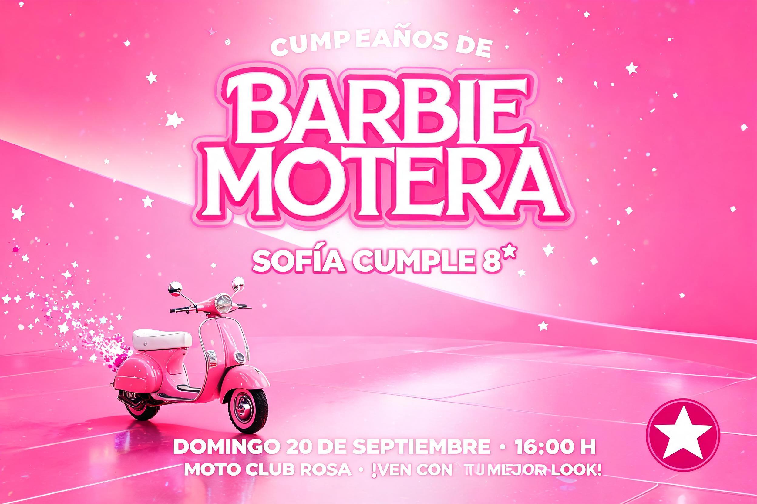 "CUMPLEAÑOS DE
BARBIE
MOTERA
SOFÍA CUMPLE 8
DOMINGO 20 DE SEPTIEMBRE · 16:00 H
MOTO CLUB ROSA · ¡VEN CON TU MEJOR LOOK!" — Barbie | AI Text Effect Generator