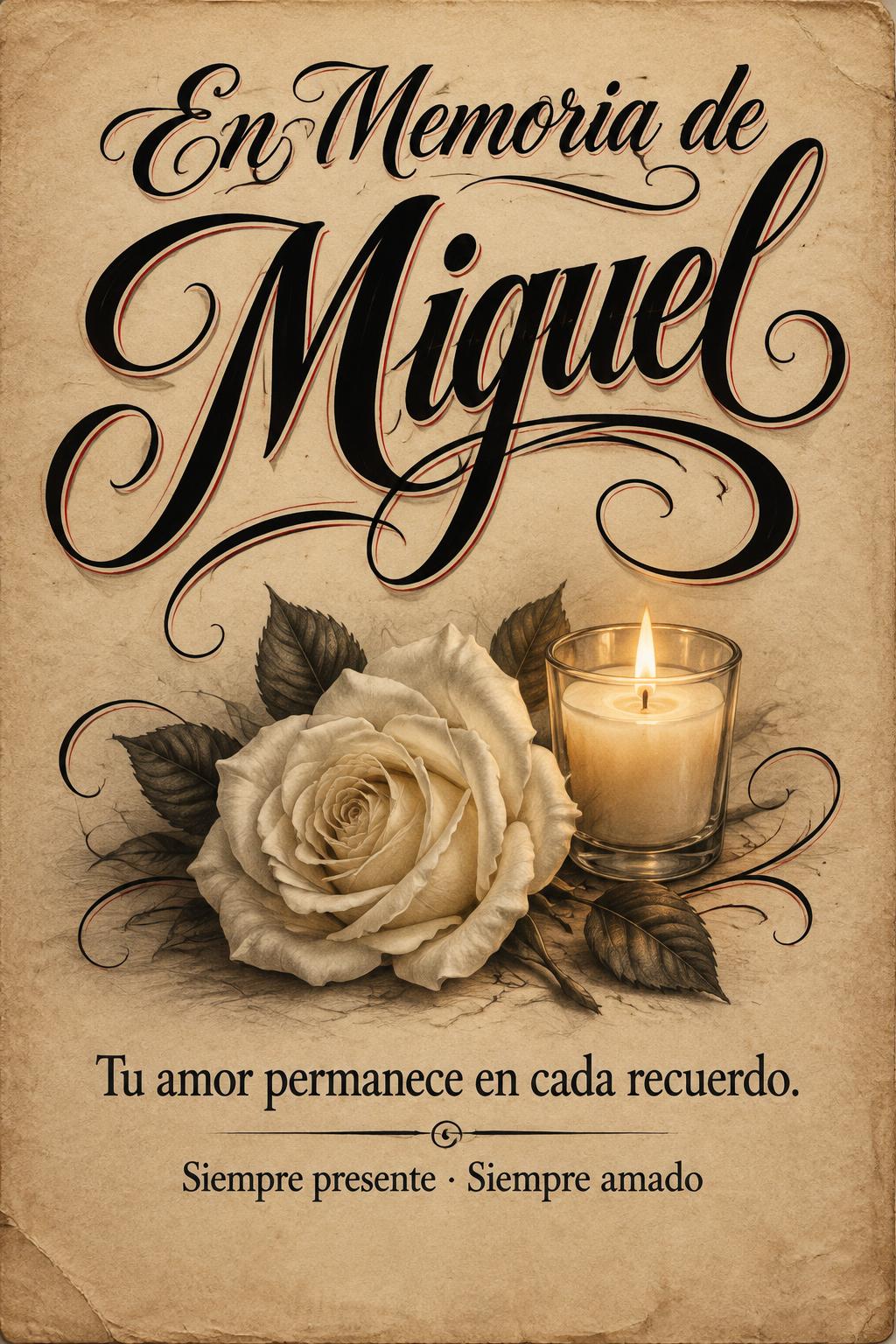 "En Memoria de Miguel
Tu amor permanece en cada recuerdo.
Siempre presente · Siempre amado" — Chicano | AI Text Effect Generator