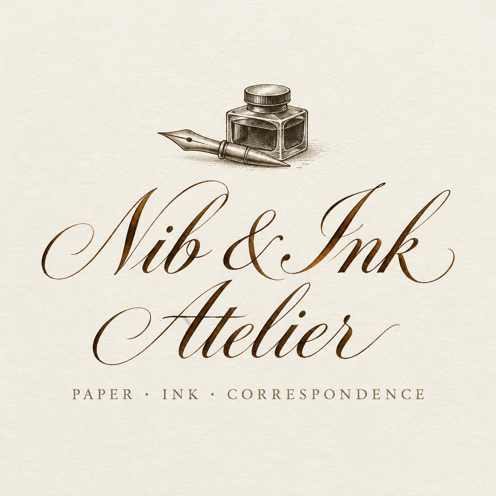 "Nib & Ink Atelier
PAPER · INK · CORRESPONDENCE" — Cursive Calligraphy text effect