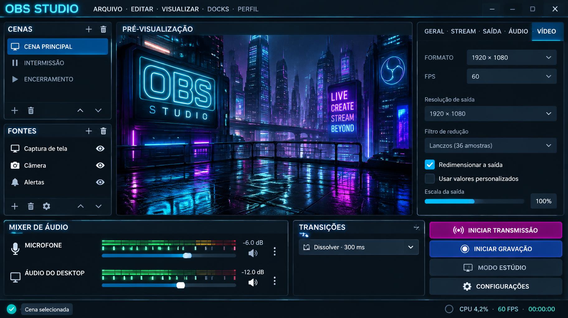 "OBS STUDIO
ARQUIVO · EDITAR · VISUALIZAR · DOCKS · PERFIL
CENAS
CENA PRINCIPAL
INTERMISSÃO
ENCERRAMENTO
FONTES
Captura de tela
Câmera
Alertas
PRÉ-VISUALIZAÇÃO
GERAL · STREAM · SAÍDA · ÁUDIO · VÍDEO
FORMATO 1920 × 1080
FPS 60
MIXER DE ÁUDIO
MICROFONE
ÁUDIO DO DESKTOP
TRANSIÇÕES
Dissolver · 300 ms
INICIAR TRANSMISSÃO
INICIAR GRAVAÇÃO
MODO ESTÚDIO
CONFIGURAÇÕES
CPU 4,2% · 60 FPS · 00:00:00
Cena selecionada" — Central HUD Neon | AI Text Effect Generator