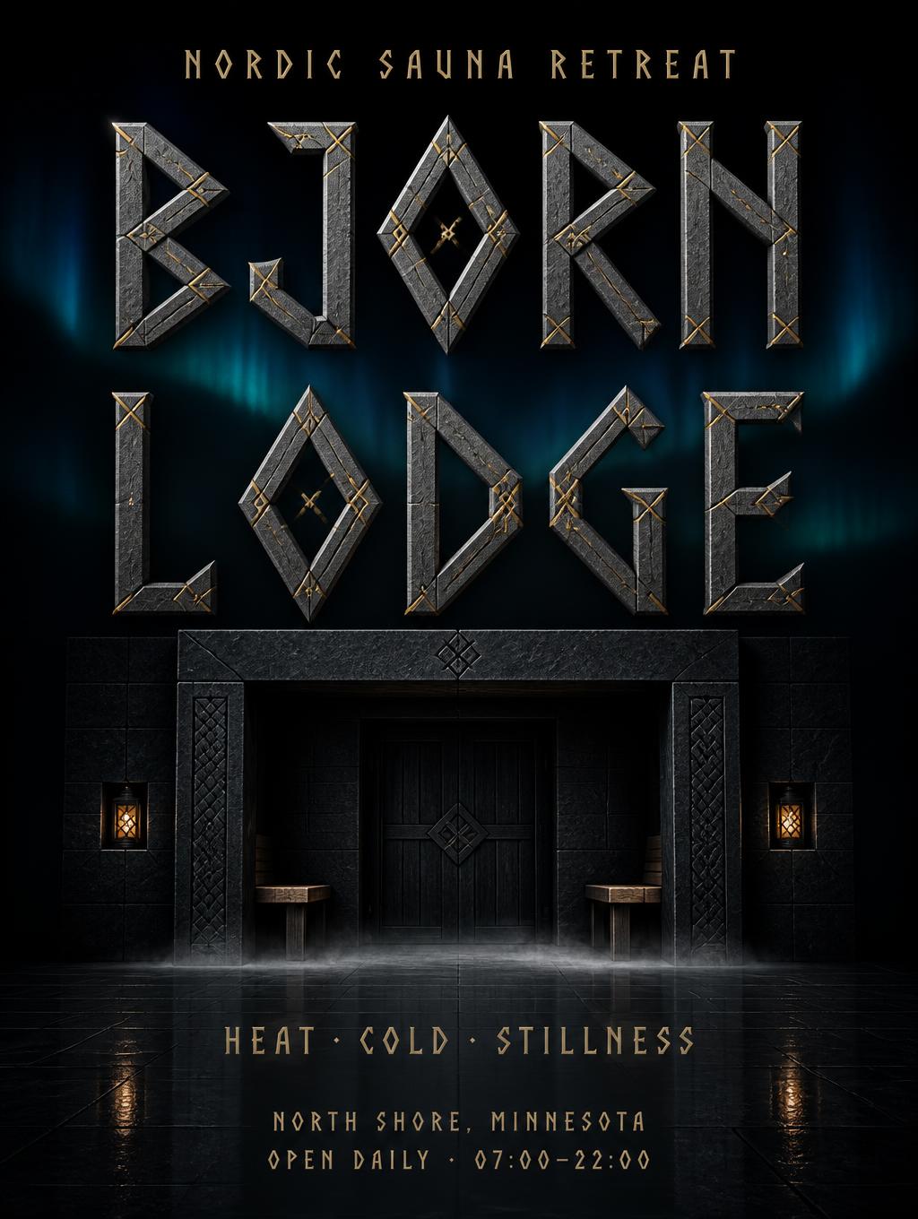 "BJORN
LODGE
NORDIC SAUNA RETREAT
HEAT · COLD · STILLNESS
NORTH SHORE, MINNESOTA
OPEN DAILY · 07:00–22:00" — Viking Runic text effect