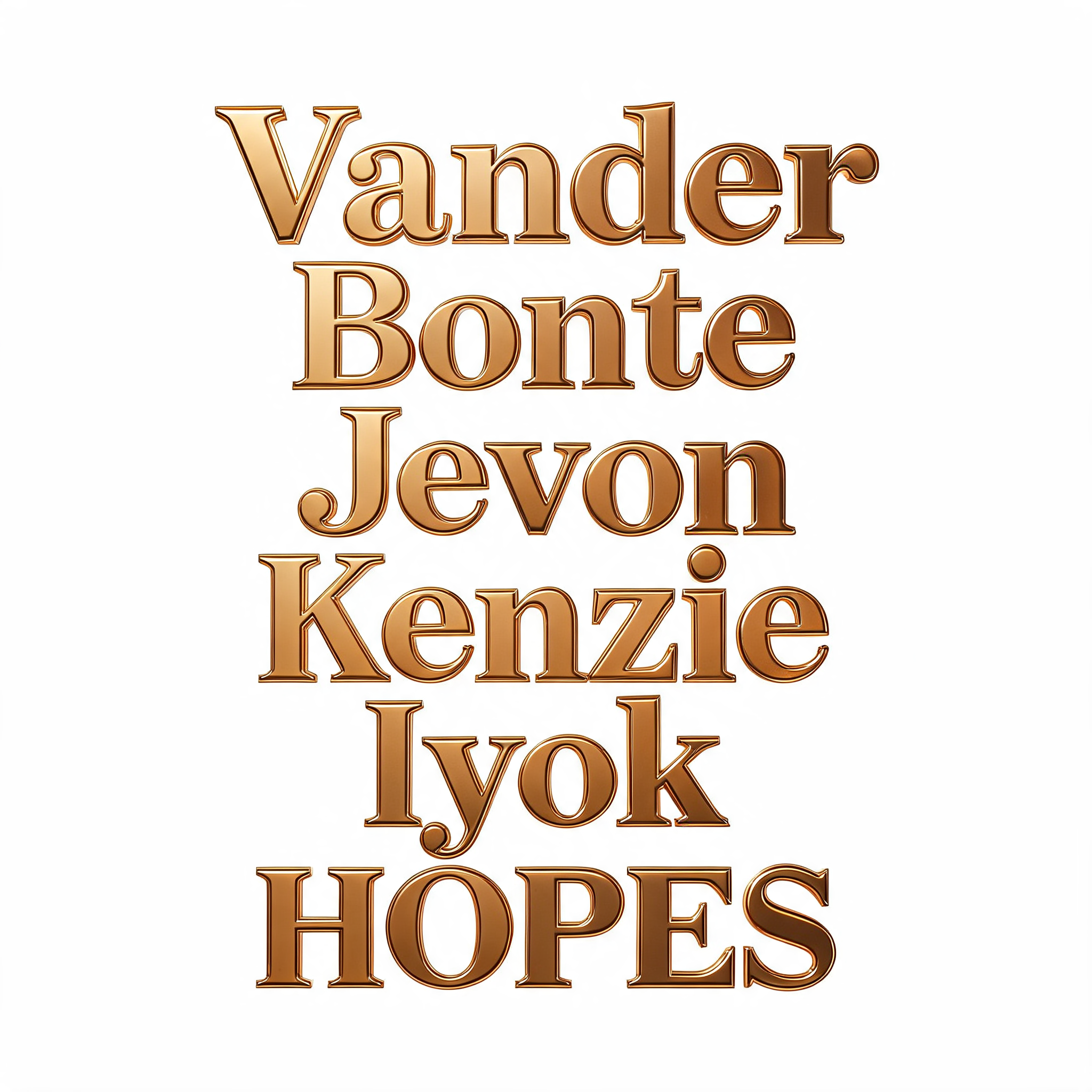 "Vander  Bonte  Jevon  Kenzie  Iyok  HOPES" — 3d Bold Gold | AI Text Effect Generator