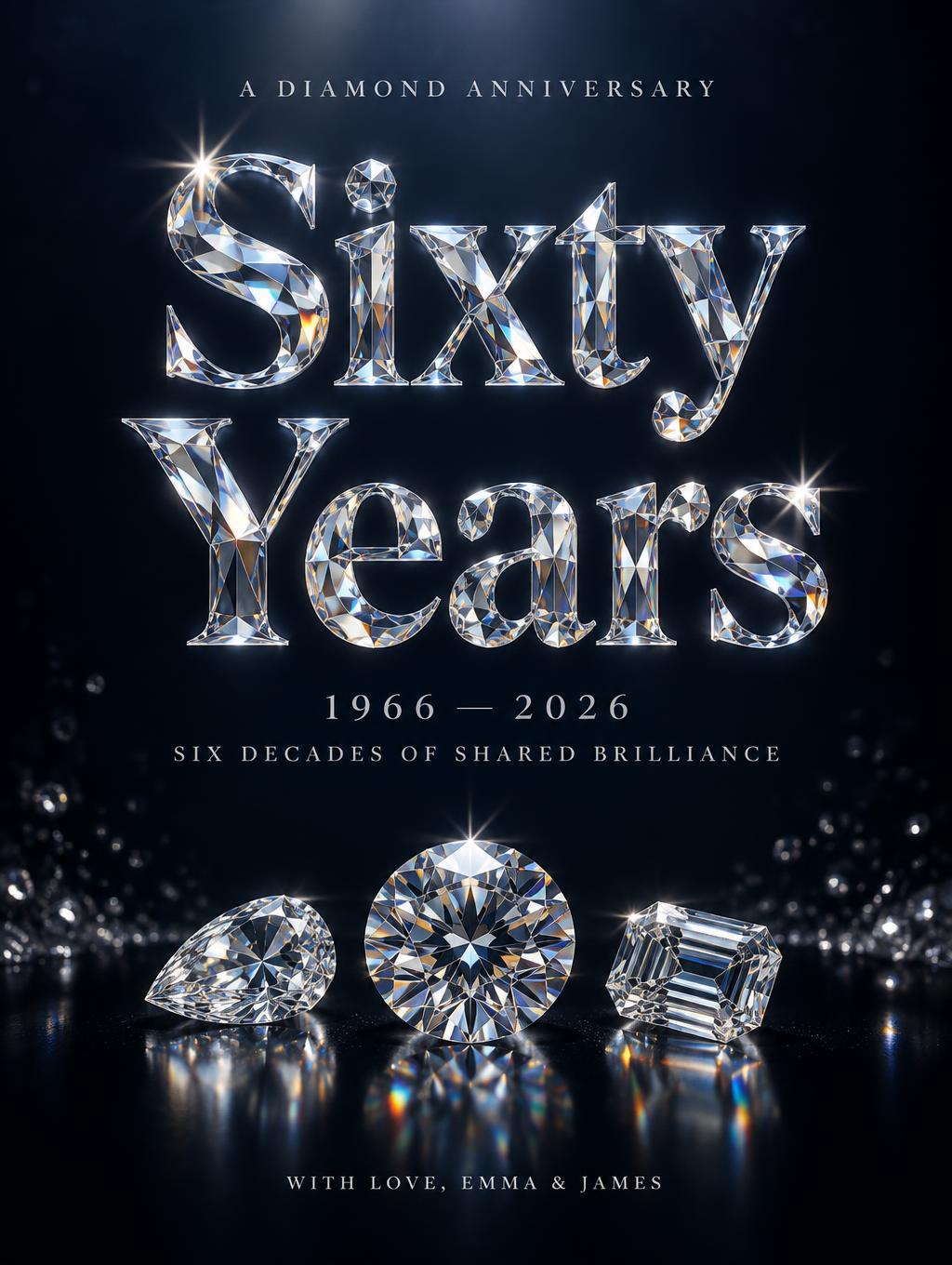 "Sixty Years
A DIAMOND ANNIVERSARY
1966 — 2026
SIX DECADES OF SHARED BRILLIANCE
WITH LOVE, EMMA & JAMES" — Glass Crystal | AI Text Effect Generator
