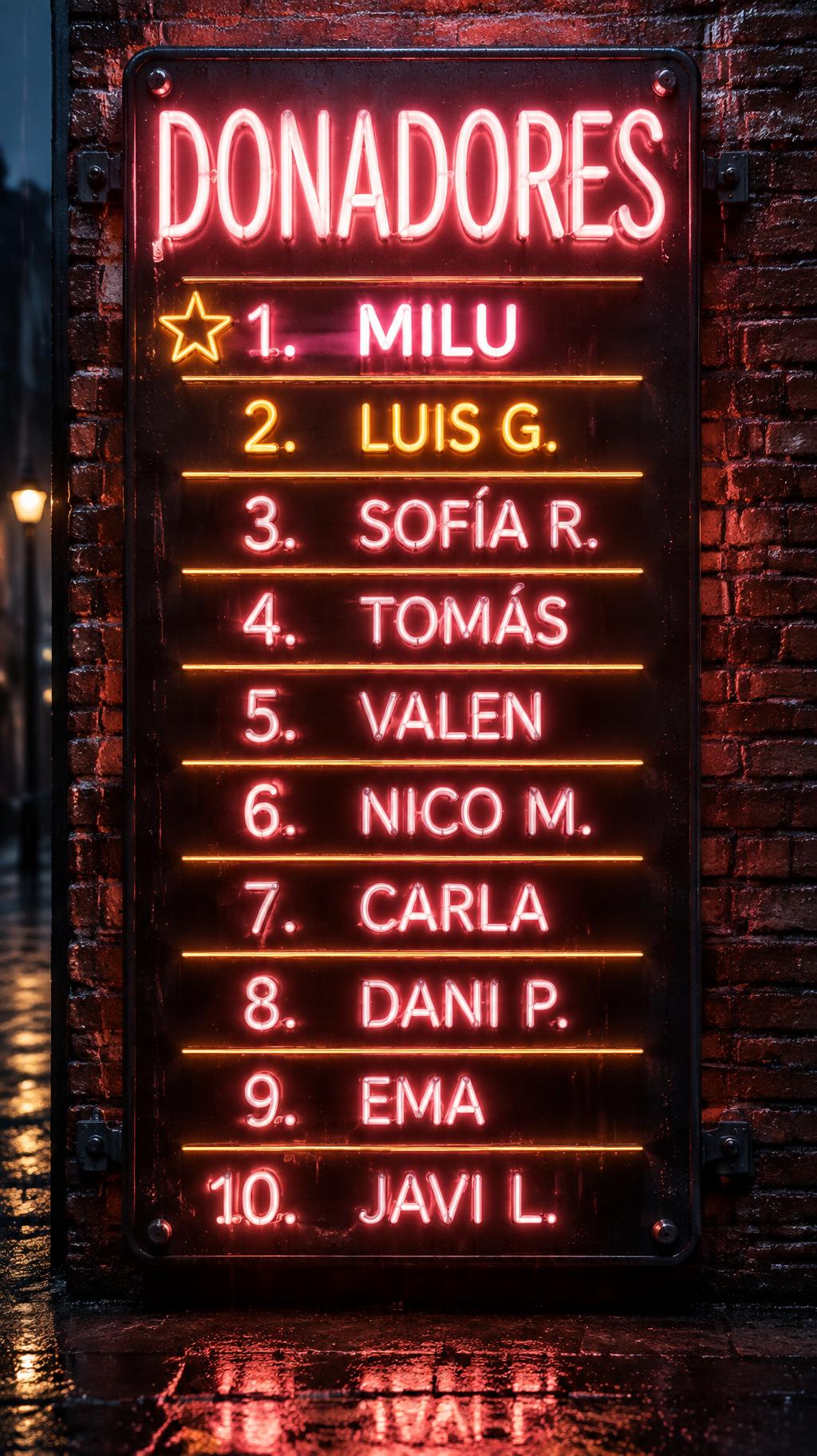 "DONADORES
1. MILU
2. LUIS G.
3. SOFÍA R.
4. TOMÁS
5. VALEN
6. NICO M.
7. CARLA
8. DANI P.
9. EMA
10. JAVI L." — Neon Sign | AI Text Effect Generator