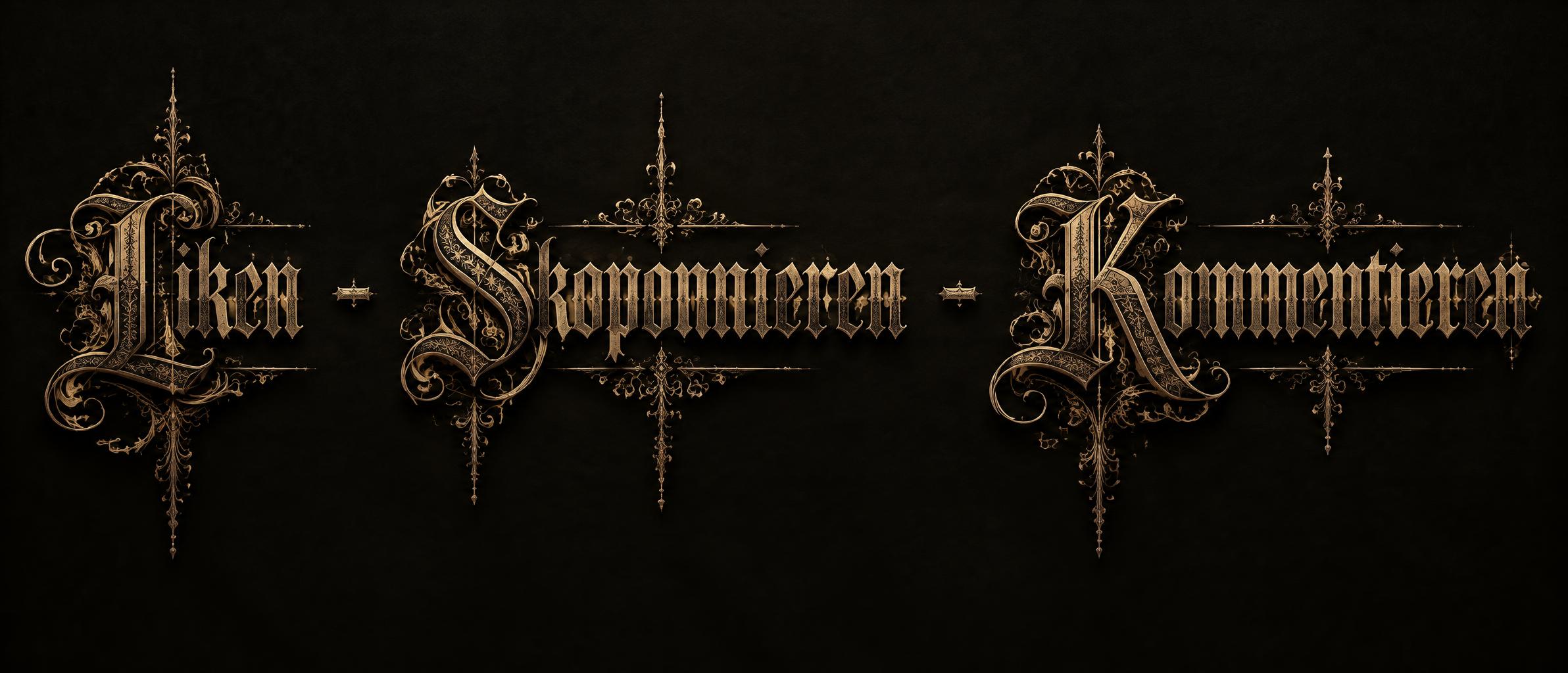 "Liken   -   Skoponnieren   -   Kommentieren" — Gothic text effect