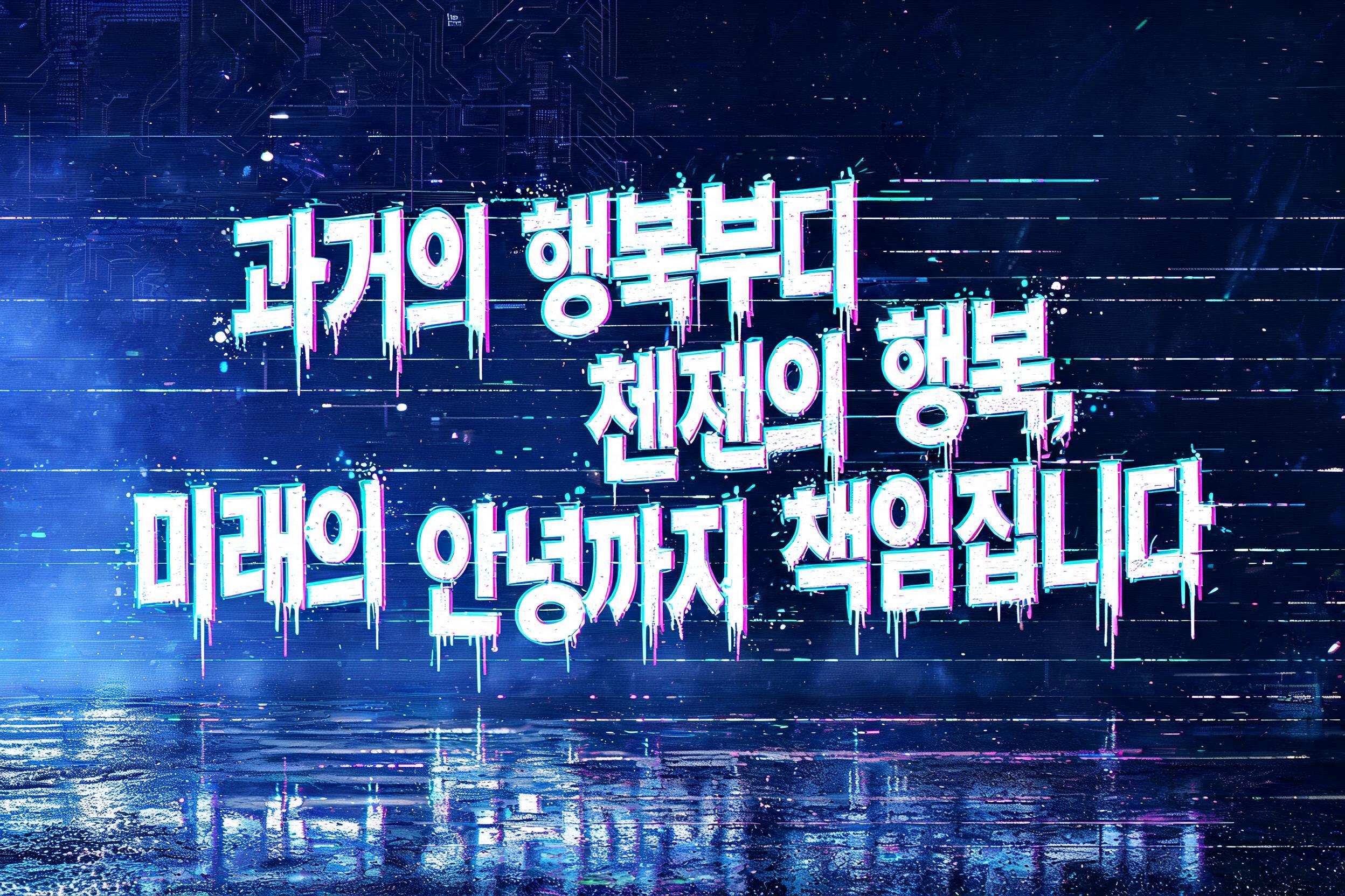 "나 타이포그래피 만들 거야. 멘트는 "과거의 행복부터 현재의 행복, 미래의 안녕까지 책임집니다"야. 사이버펑크 분위기로 부탁해. 페인트로 날려 쓴 듯한 분위기야. 색깔은 형광빛이 나는 흰색이야." — Cyberpunk | AI Text Effect Generator