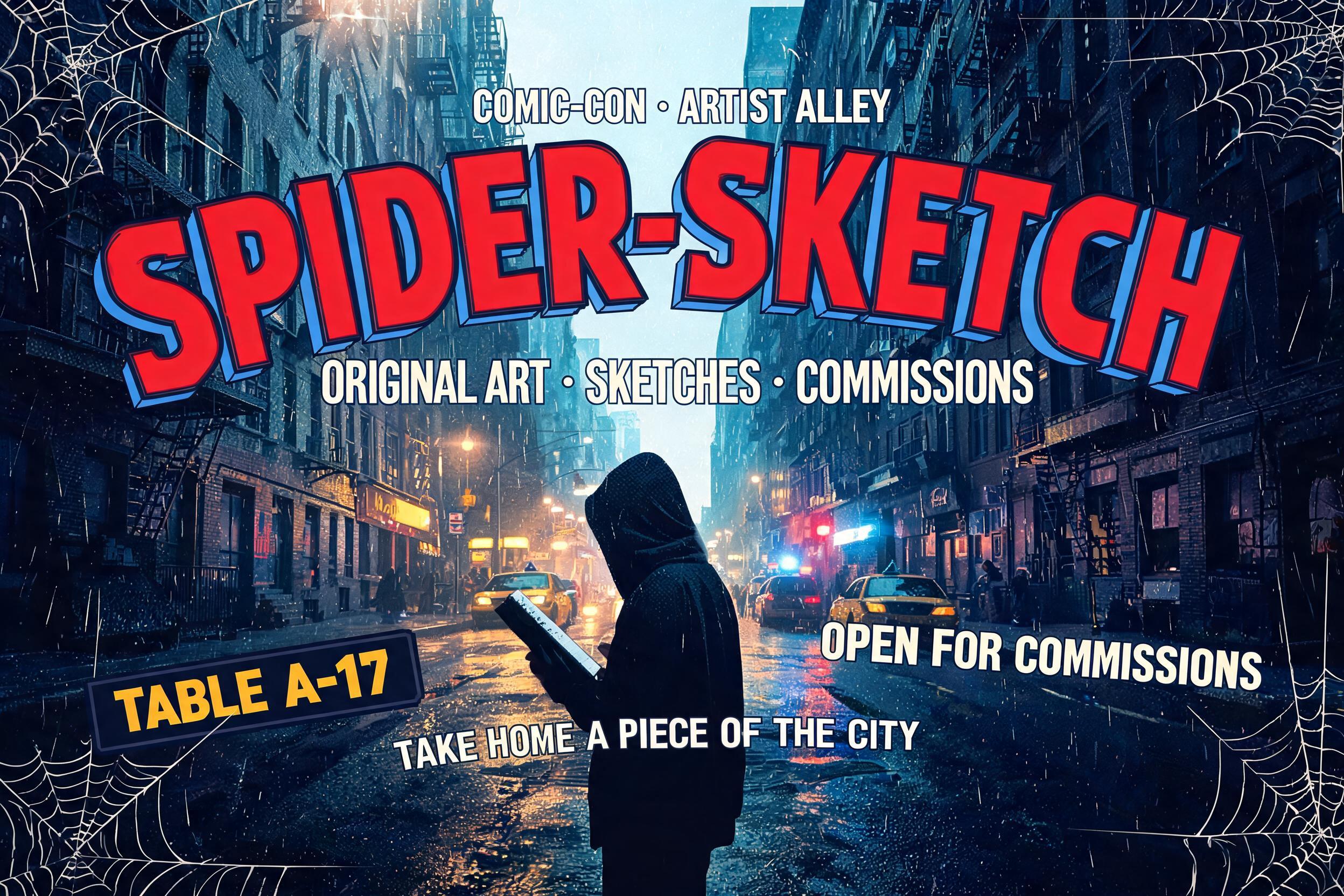 "COMIC-CON • ARTIST ALLEY
SPIDER-SKETCH
ORIGINAL ART • SKETCHES • COMMISSIONS
TABLE A-17
OPEN FOR COMMISSIONS
TAKE HOME A PIECE OF THE CITY" — Spider Hero | AI Text Effect Generator