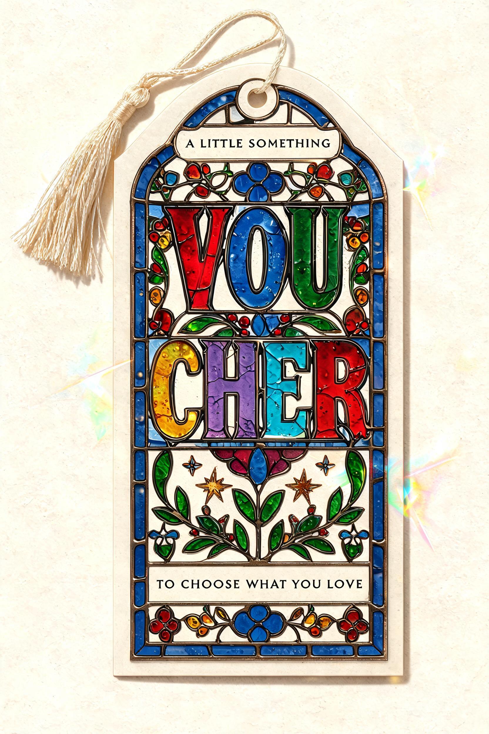 "design a stained glass bookmark with the word voucher on it" — Glass Color | AI Text Effect Generator