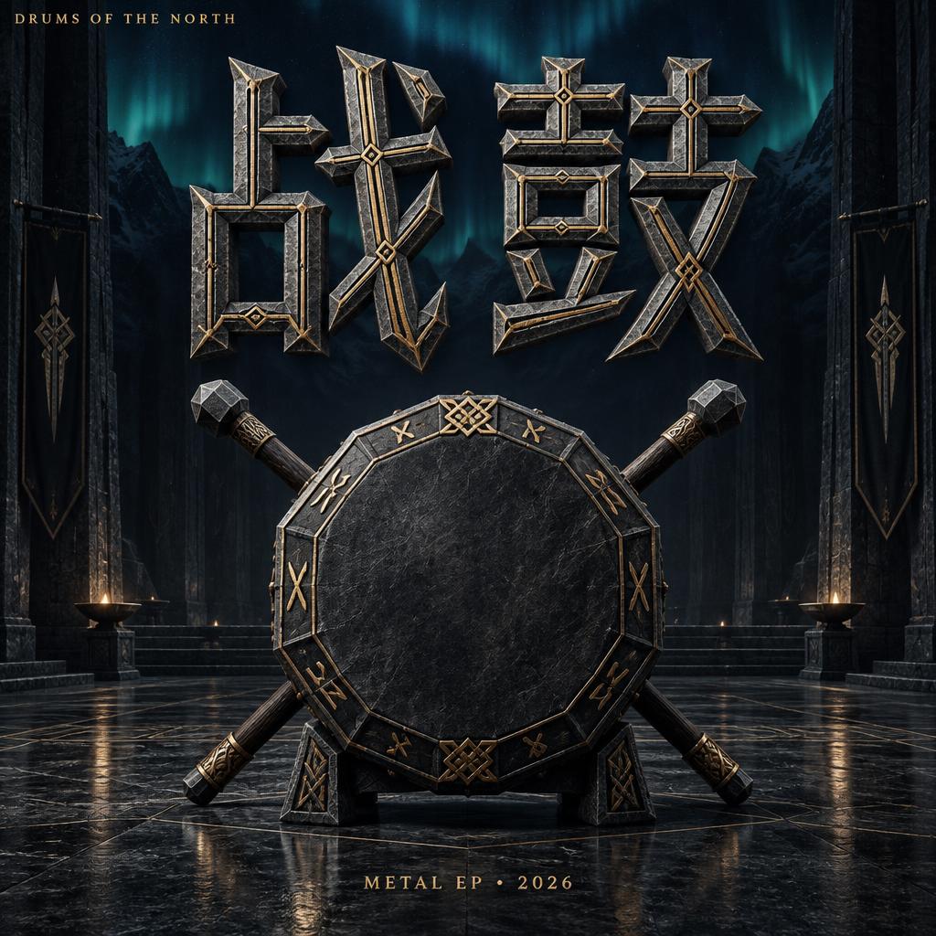"战鼓
DRUMS OF THE NORTH
METAL EP • 2026" — Viking Runic | AI Text Effect Generator