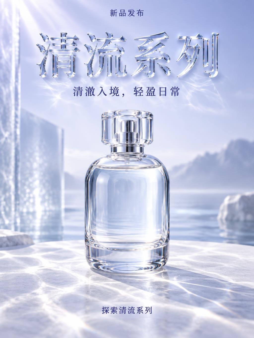 "清流系列
清澈入境，轻盈日常
新品发布
探索清流系列" — Glass | AI Text Effect Generator
