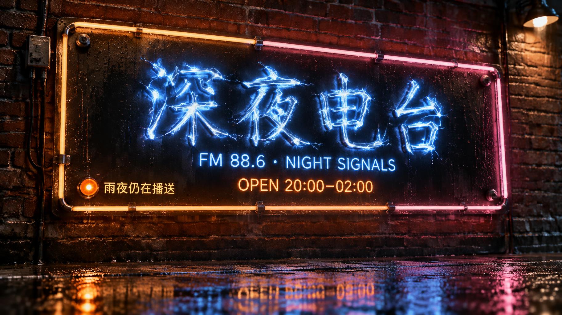 "深夜电台
FM 88.6 · NIGHT SIGNALS
OPEN 20:00–02:00
雨夜仍在播送" — Neon Sign | AI Text Effect Generator