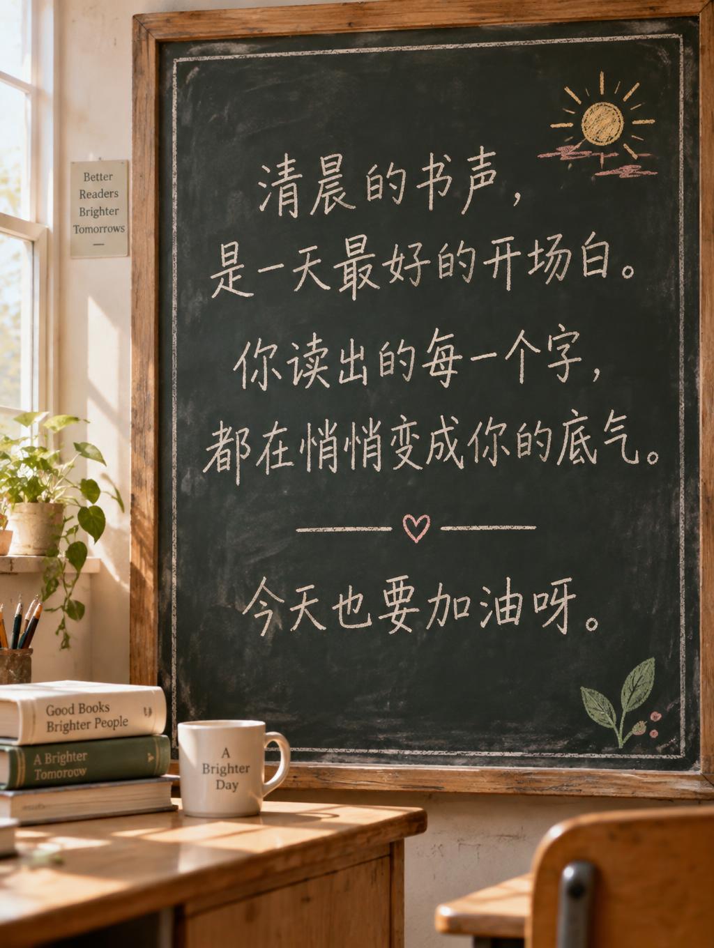 "清晨的书声，是一天最好的开场白。你读出的每一个字，都在悄悄变成你的底气。今天也要加油呀。" — Chalk | AI Text Effect Generator