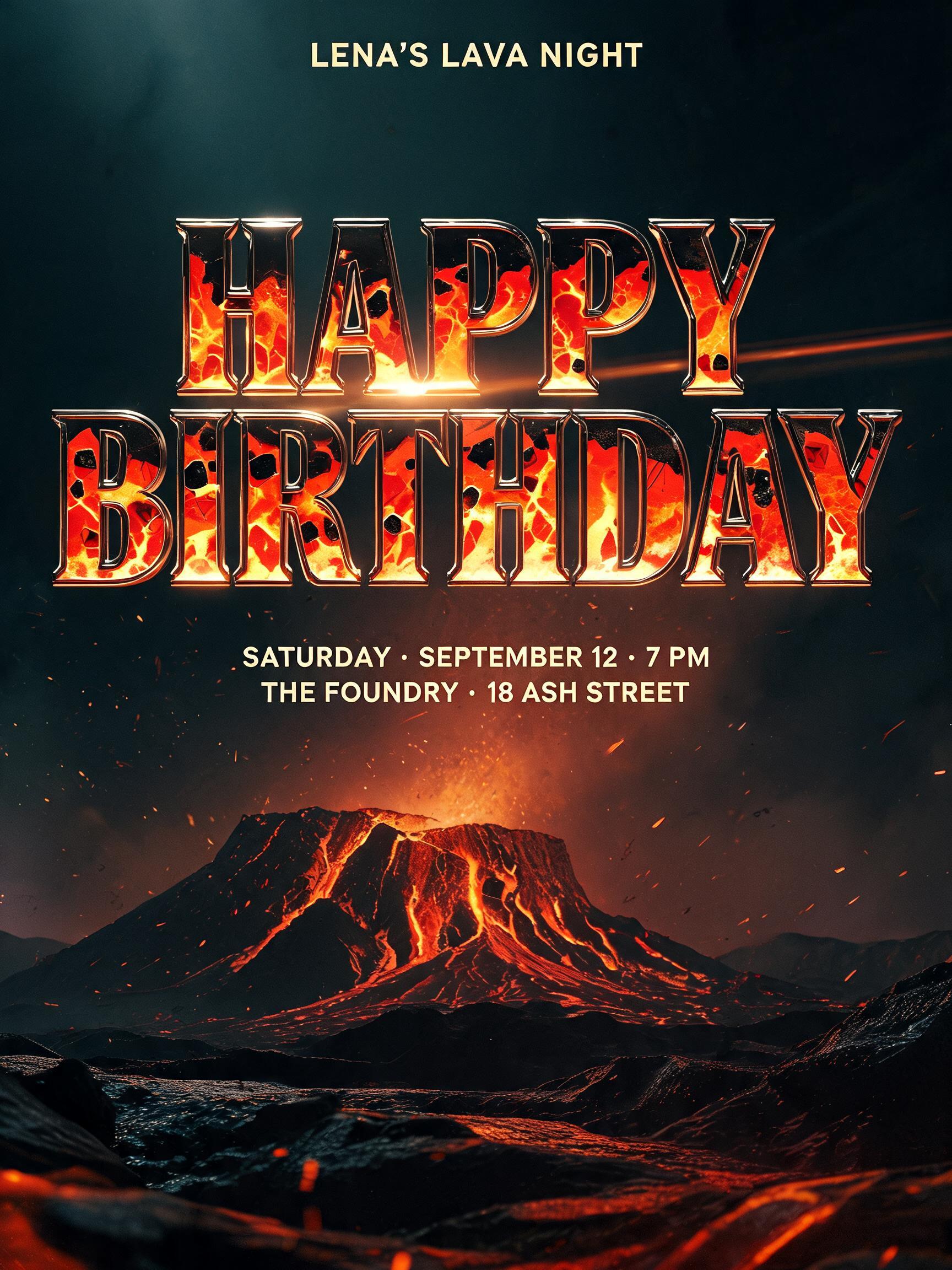 "LENA’S LAVA NIGHT
HAPPY
BIRTHDAY
SATURDAY · SEPTEMBER 12 · 7 PM
THE FOUNDRY · 18 ASH STREET" — Cinematic text effect