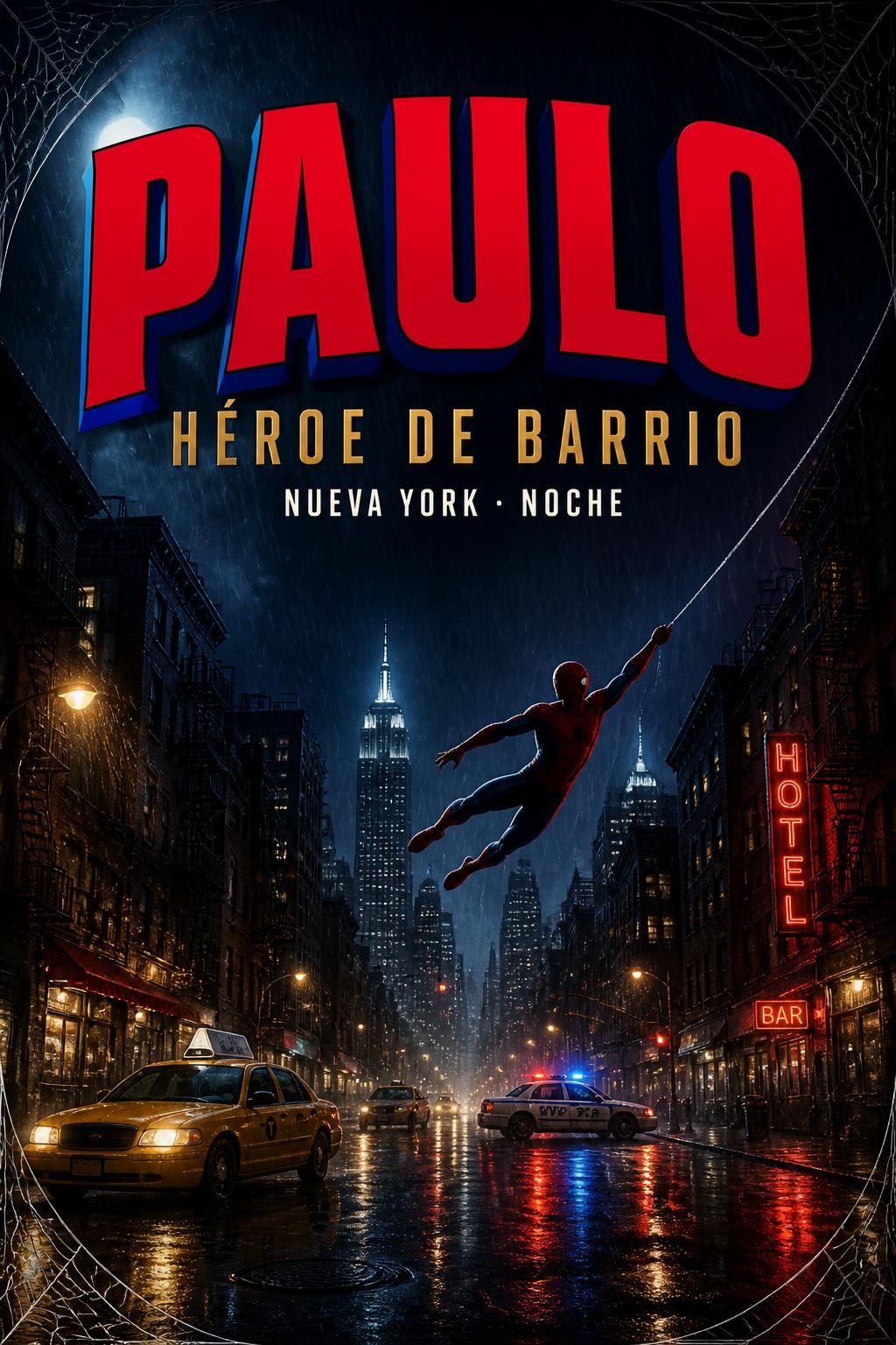 "PAULO
HÉROE DE BARRIO
NUEVA YORK · NOCHE" — Spider Hero | AI Text Effect Generator