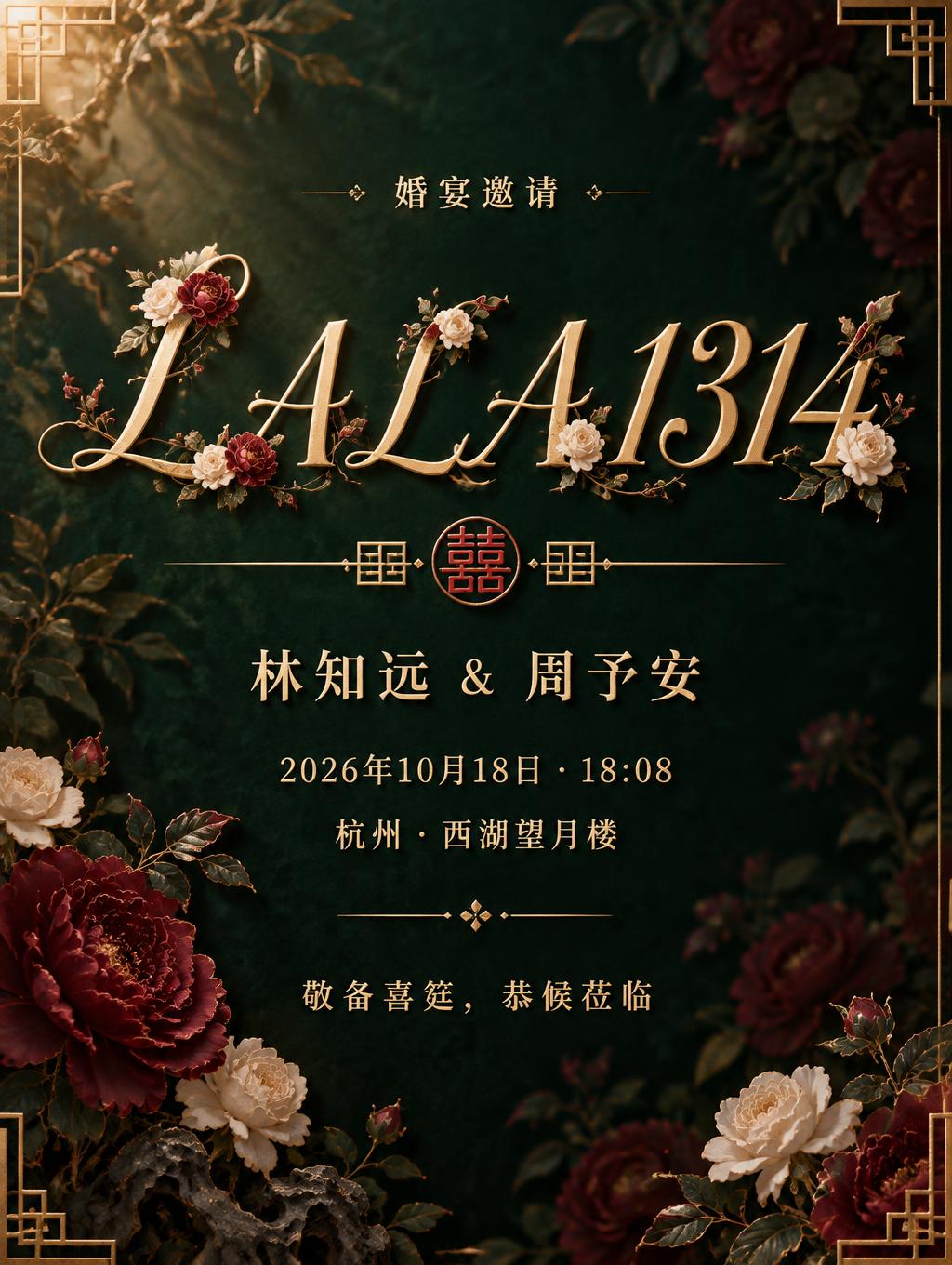 LALA1314
婚宴邀请
林知远 & 周予安
2026年10月18日 · 18:08
杭州 · 西湖望月楼
敬备喜筵，恭候莅临