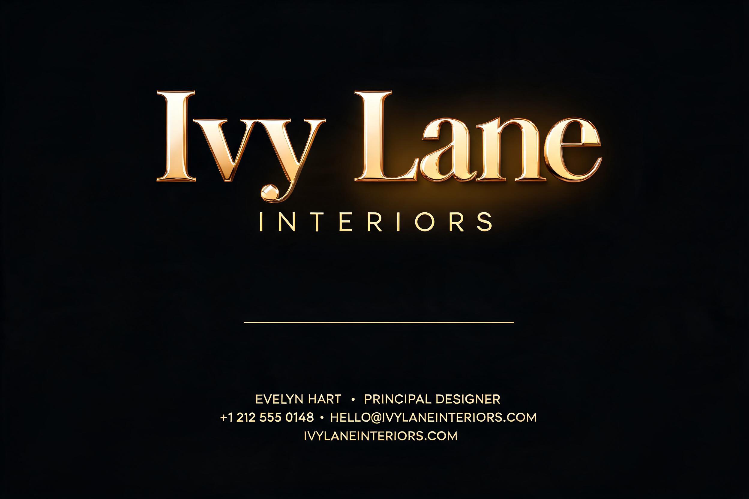 "Ivy Lane
INTERIORS
EVELYN HART  ·  PRINCIPAL DESIGNER
+1 212 555 0148  ·  HELLO@IVYLANEINTERIORS.COM
IVYLANEINTERIORS.COM" — 3d Bold Gold | AI Text Effect Generator