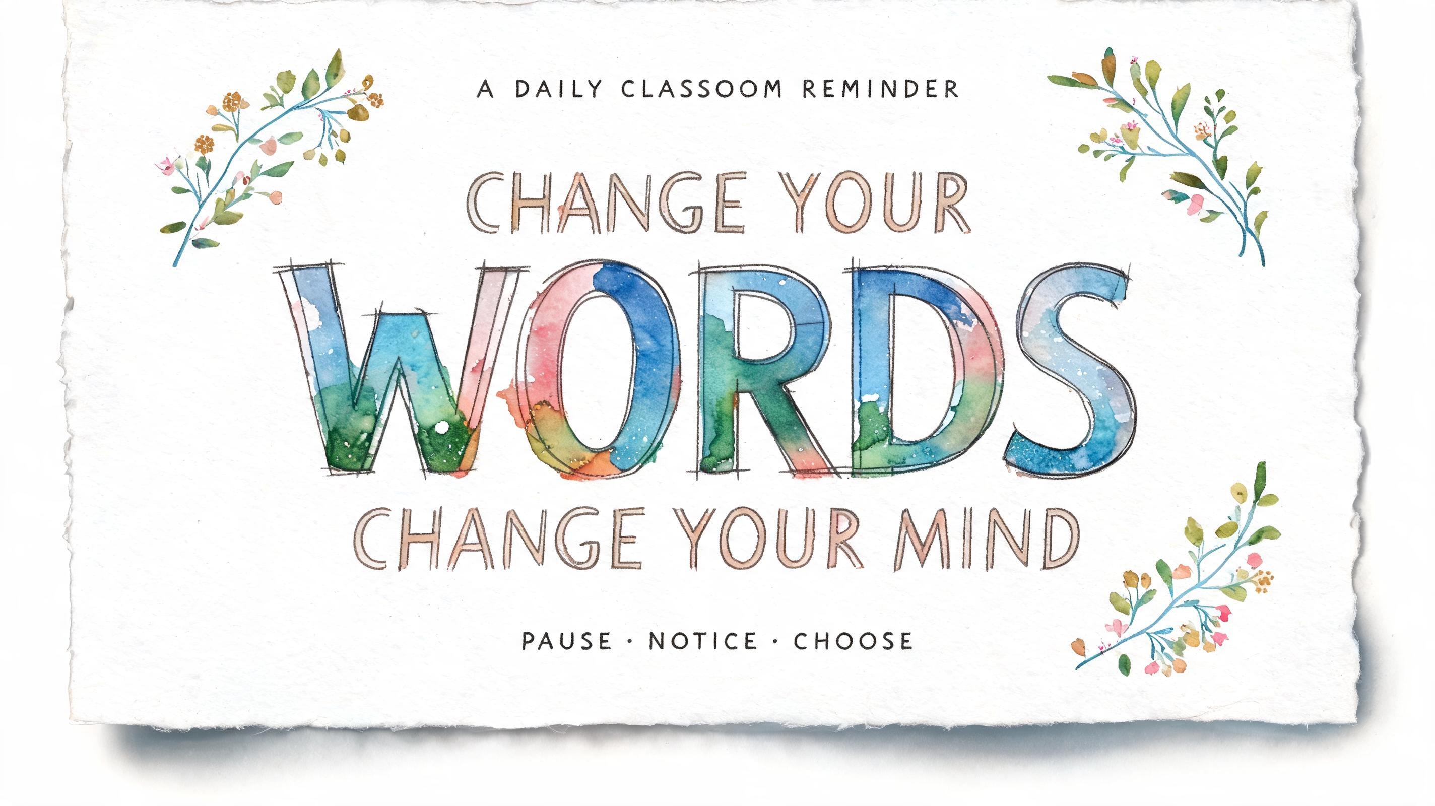 "Design a watercolour print reading Change Your Words Change Your Mind for my classroom board. Design in landscape" — Watercolor text effect