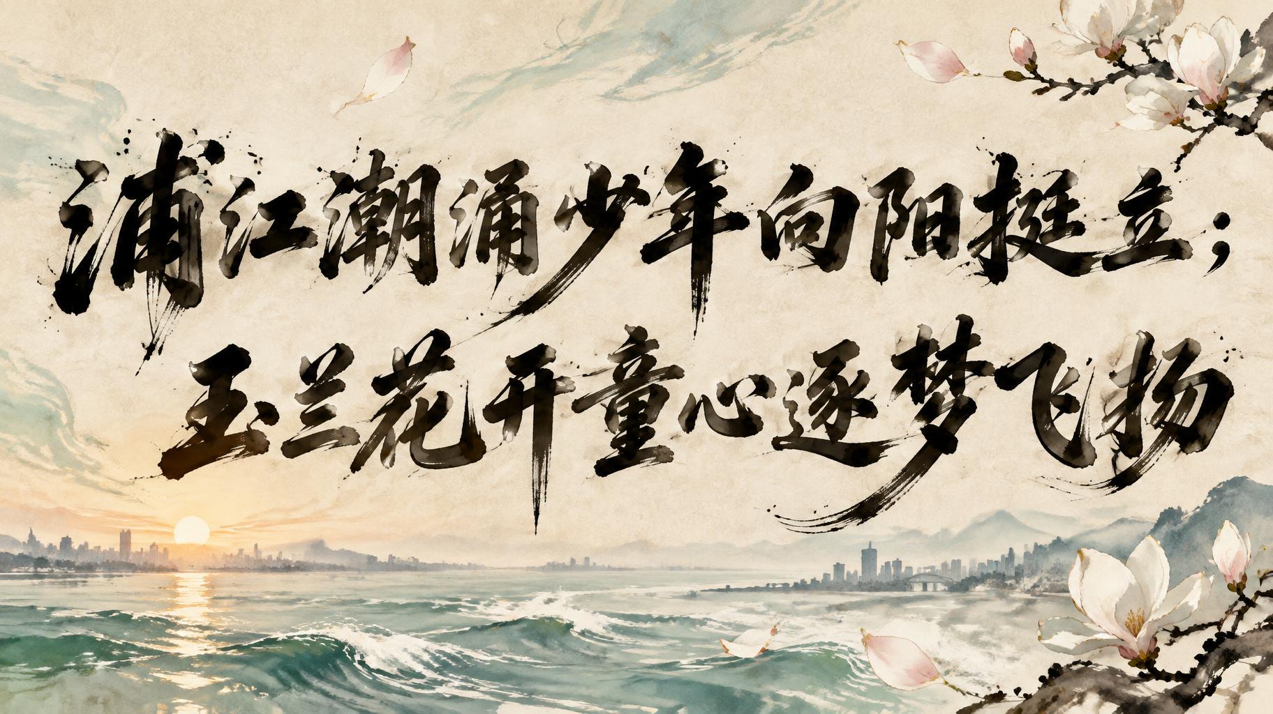 浦江潮涌少年向阳挺立；
玉兰花开童心逐梦飞扬