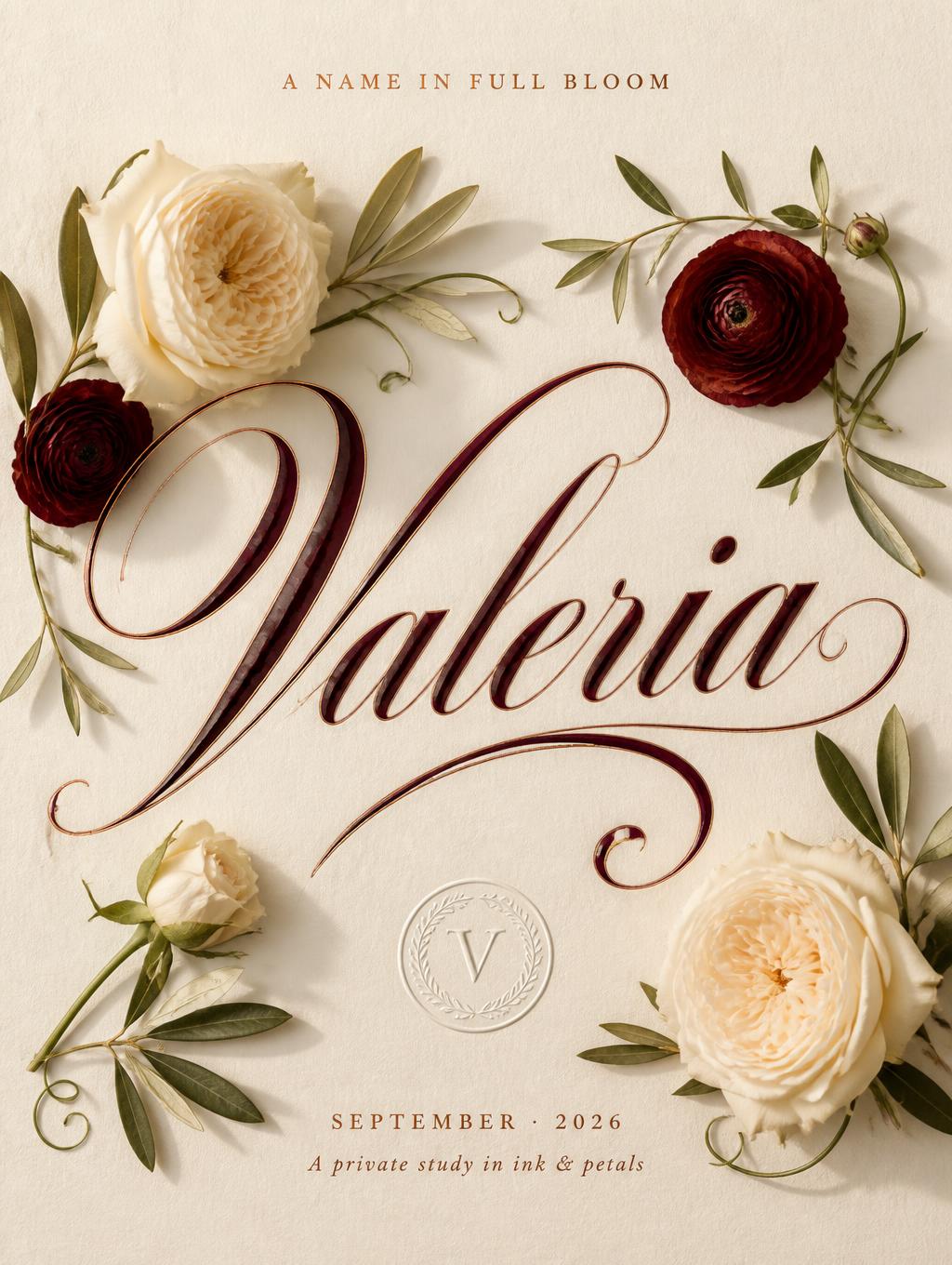"Valeria
A NAME IN FULL BLOOM
SEPTEMBER · 2026
A private study in ink & petals
V" —  | AI Text Effect Generator