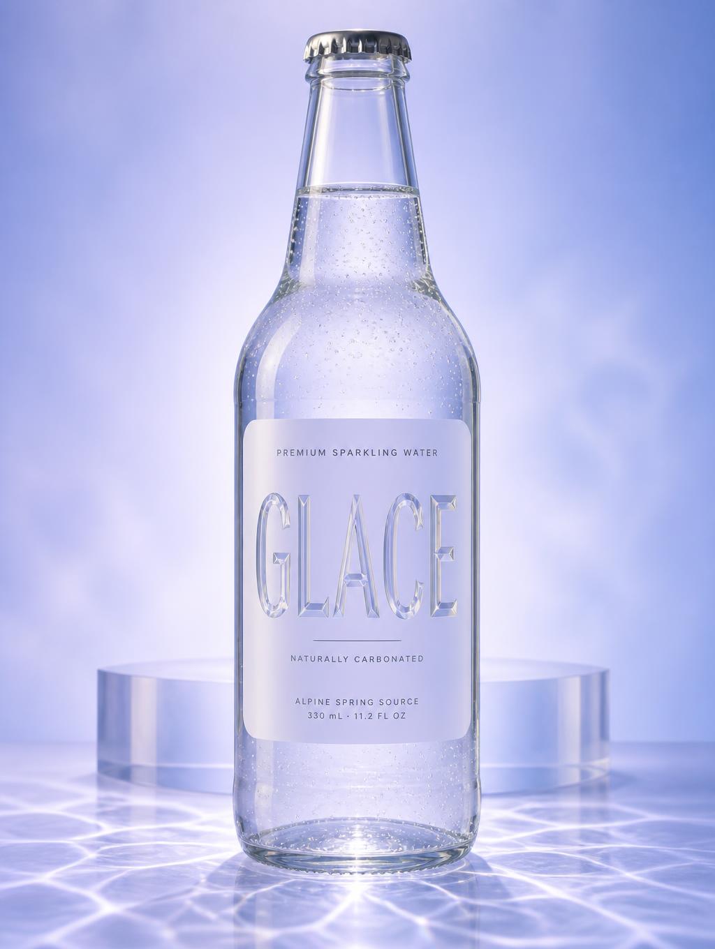 "GLACE
PREMIUM SPARKLING WATER
NATURALLY CARBONATED
ALPINE SPRING SOURCE
330 mL · 11.2 FL OZ" — Glass | AI Text Effect Generator