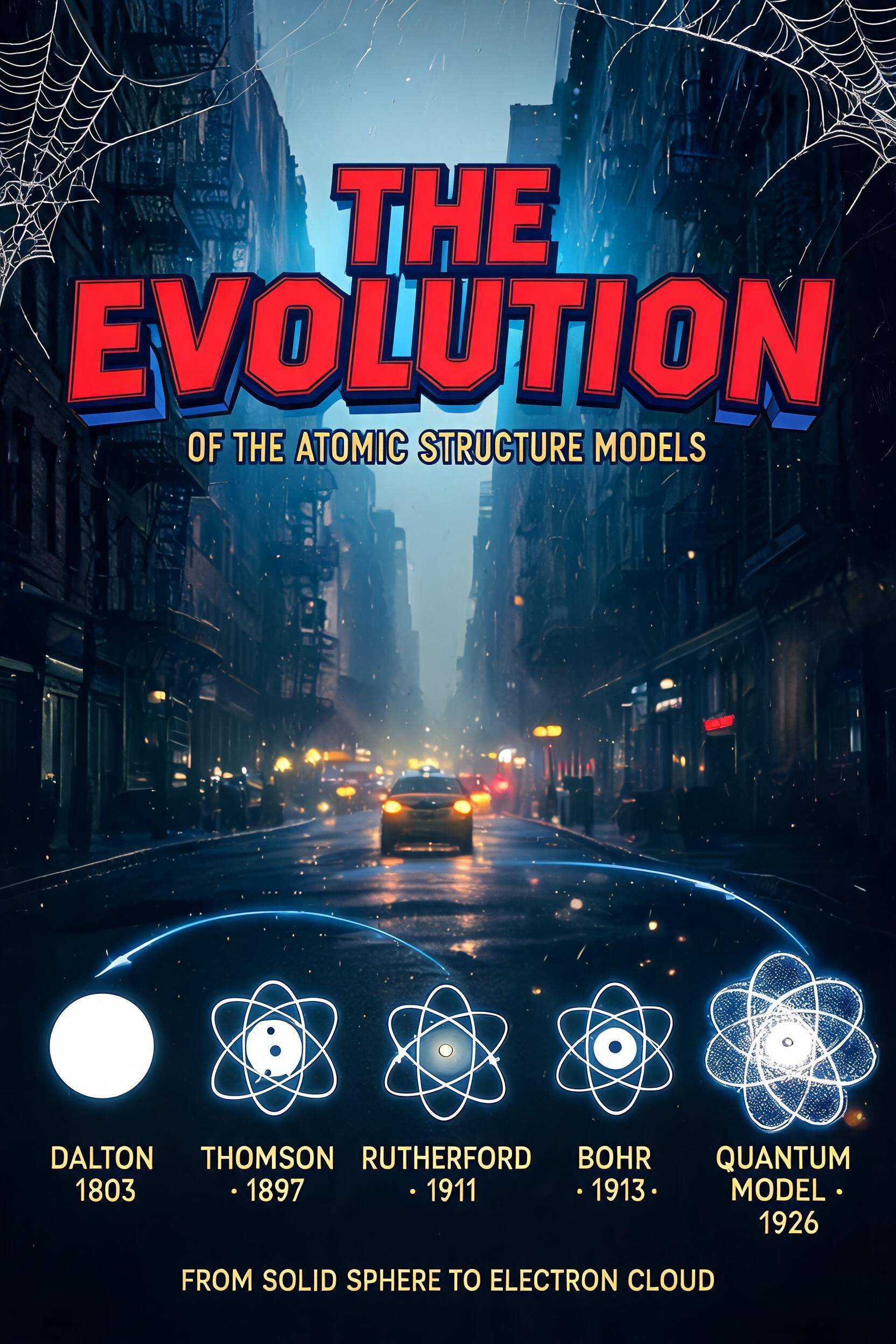 "THE EVOLUTION
OF THE ATOMIC STRUCTURE MODELS
DALTON · 1803
THOMSON · 1897
RUTHERFORD · 1911
BOHR · 1913
QUANTUM MODEL · 1926
FROM SOLID SPHERE TO ELECTRON CLOUD" — Spider Hero | AI Text Effect Generator