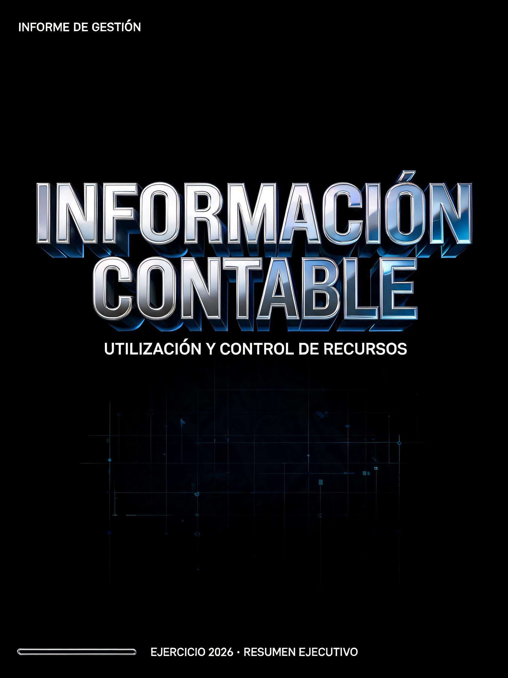 "INFORMACIÓN
CONTABLE
INFORME DE GESTIÓN
UTILIZACIÓN Y CONTROL DE RECURSOS
EJERCICIO 2026 · RESUMEN EJECUTIVO" — Chrome Metal 3d | AI Text Effect Generator