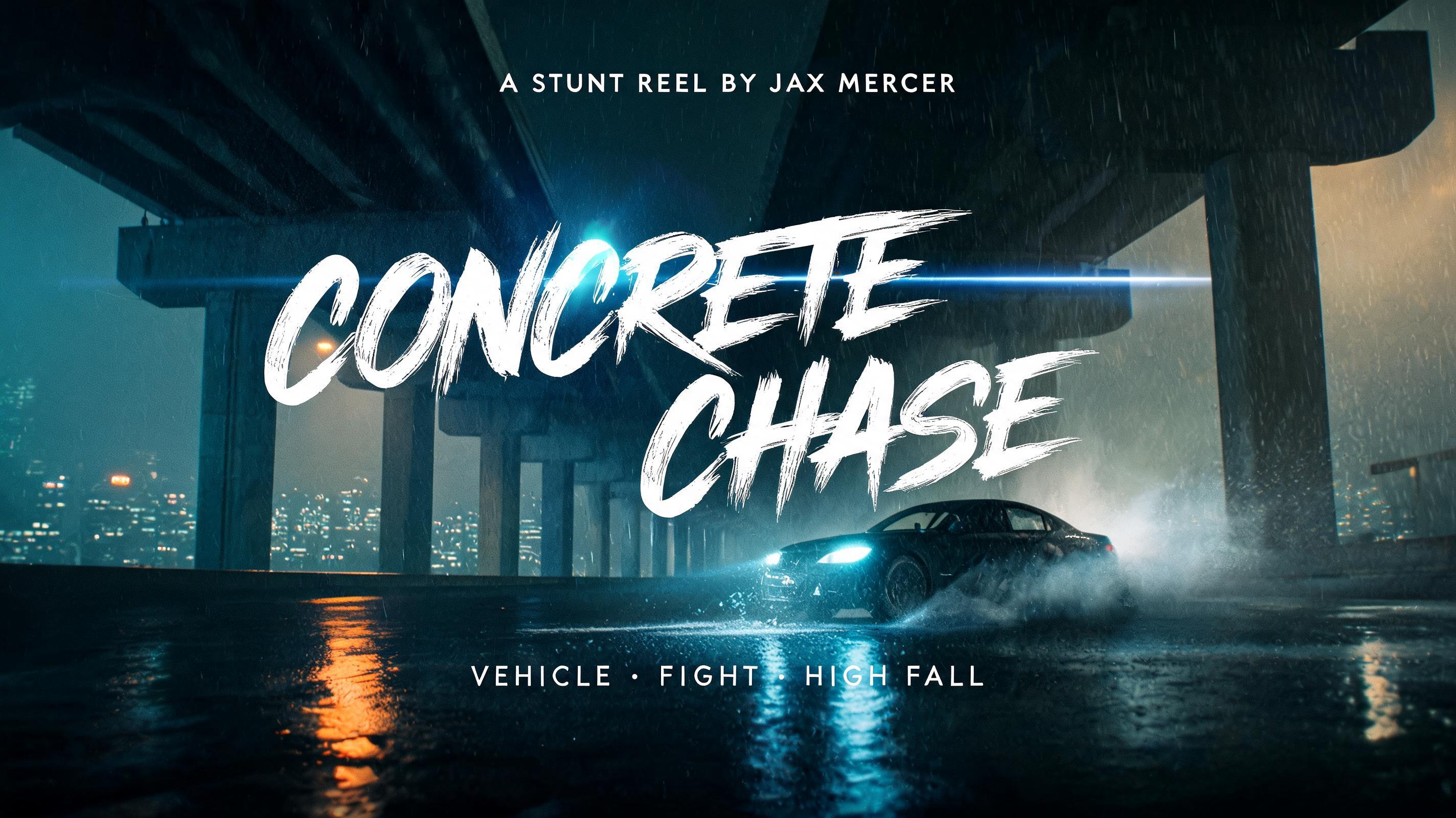 "CONCRETE
CHASE
A STUNT REEL BY JAX MERCER
VEHICLE · FIGHT · HIGH FALL" — Cinematic | AI Text Effect Generator