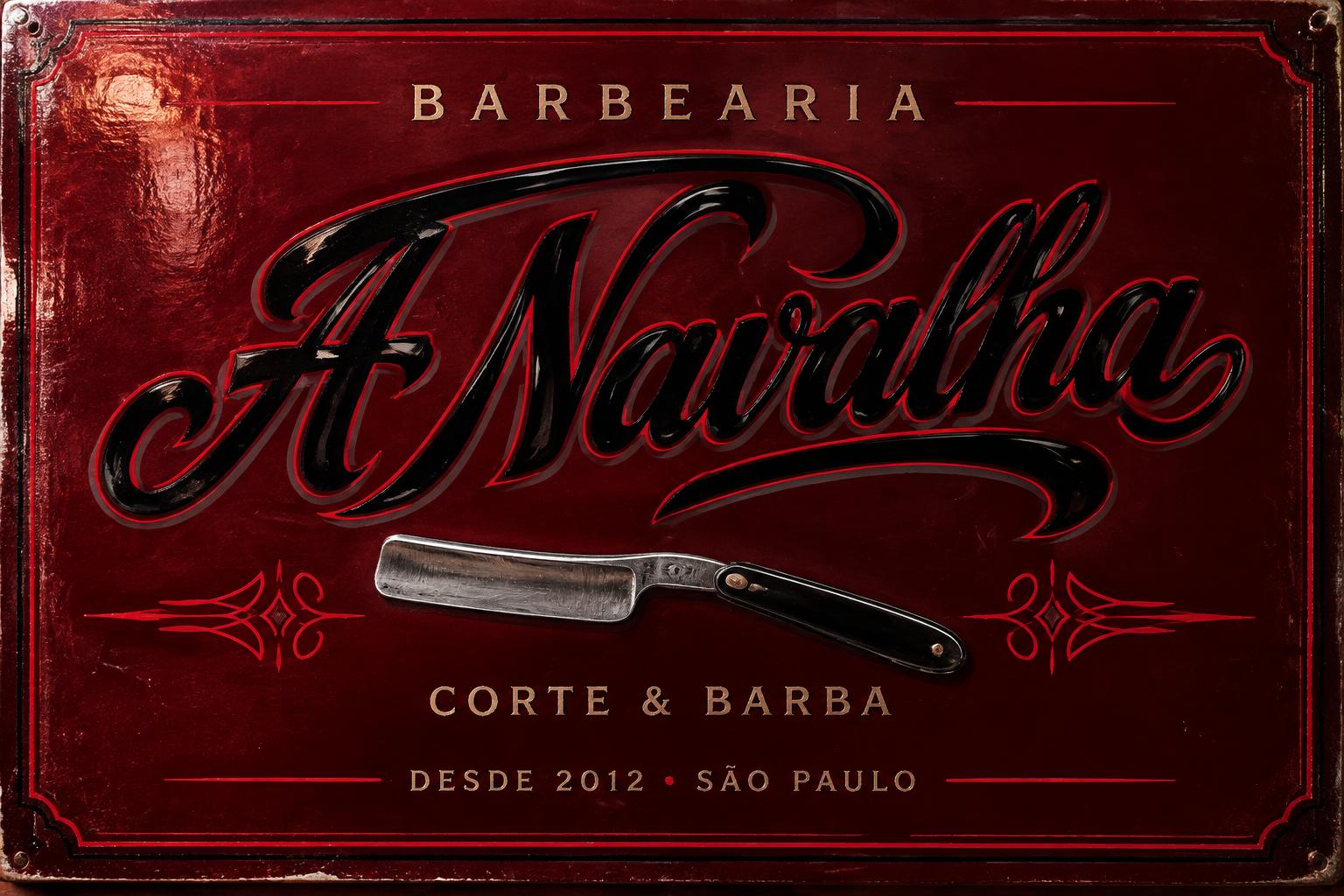 "A Navalha
BARBEARIA
CORTE & BARBA
DESDE 2012 • SÃO PAULO" — Chicano | AI Text Effect Generator