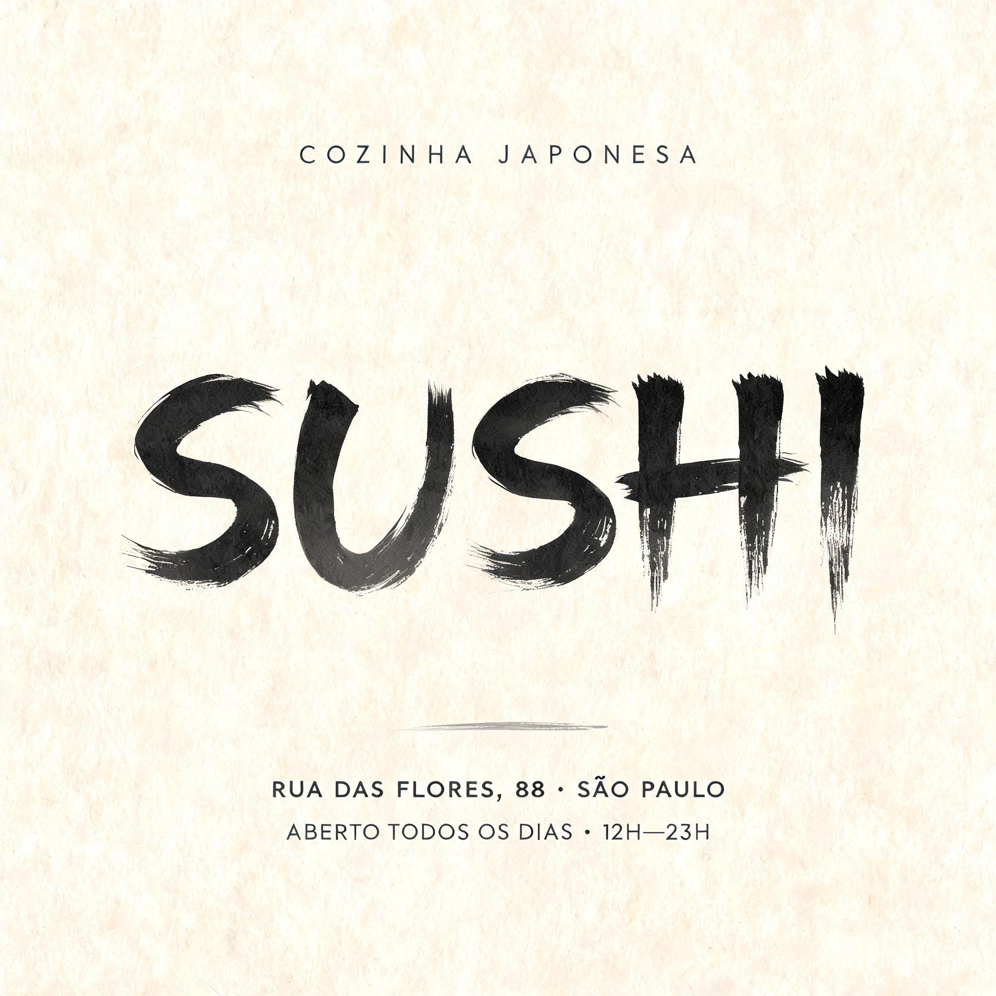 "SUSHI
COZINHA JAPONESA
RUA DAS FLORES, 88 · SÃO PAULO
ABERTO TODOS OS DIAS · 12H—23H" — Brush Japanese Ink | AI Text Effect Generator