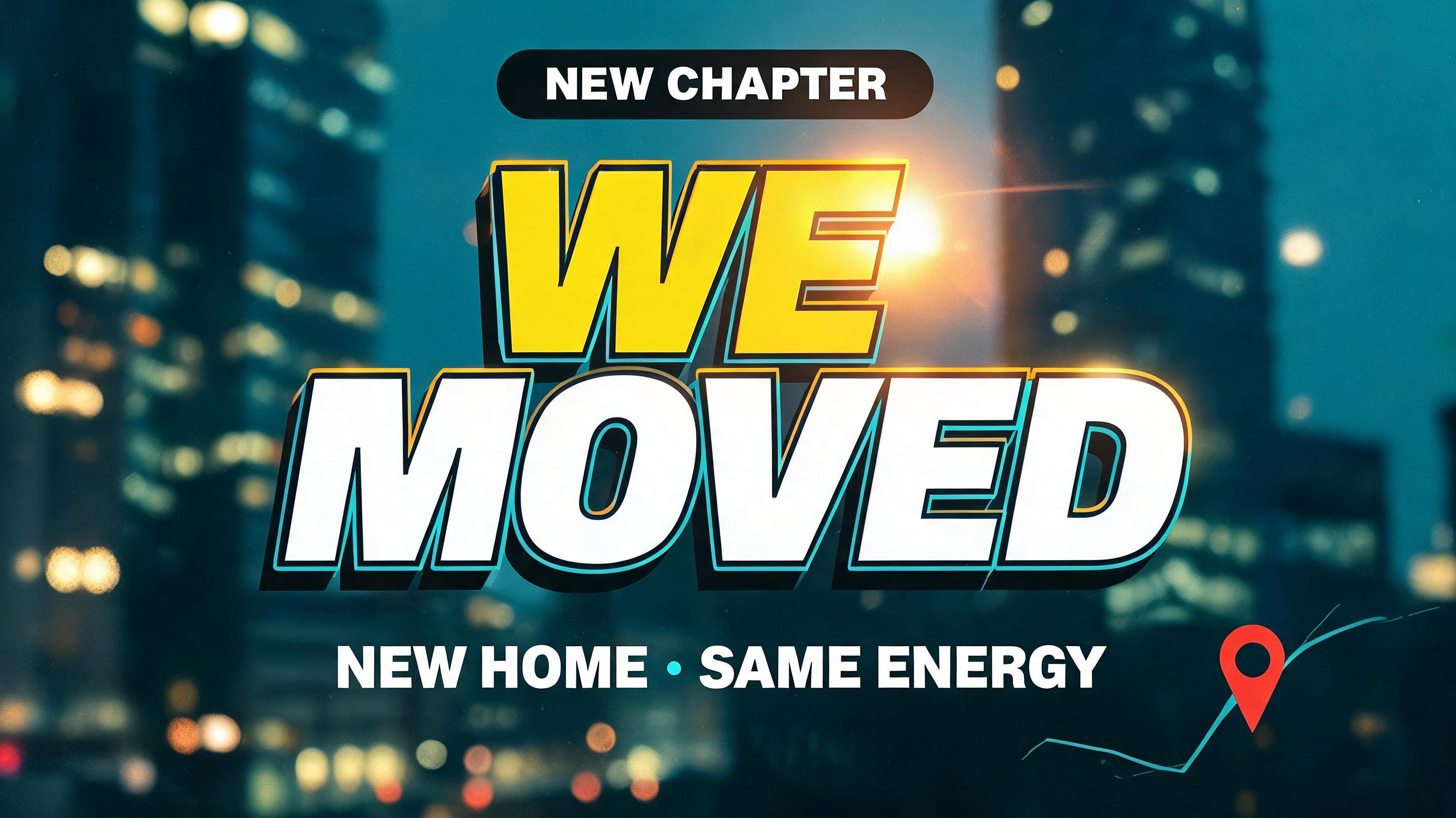 "Make me a widescreen thumbnail that says WE MOVED with bold layered text" — Cinematic Youtube Creator text effect