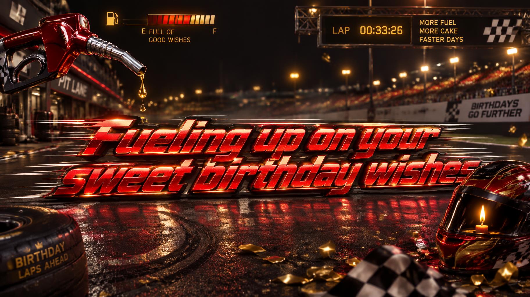 "Fueling up on your sweet birthday wishes" — Racing | AI Text Effect Generator