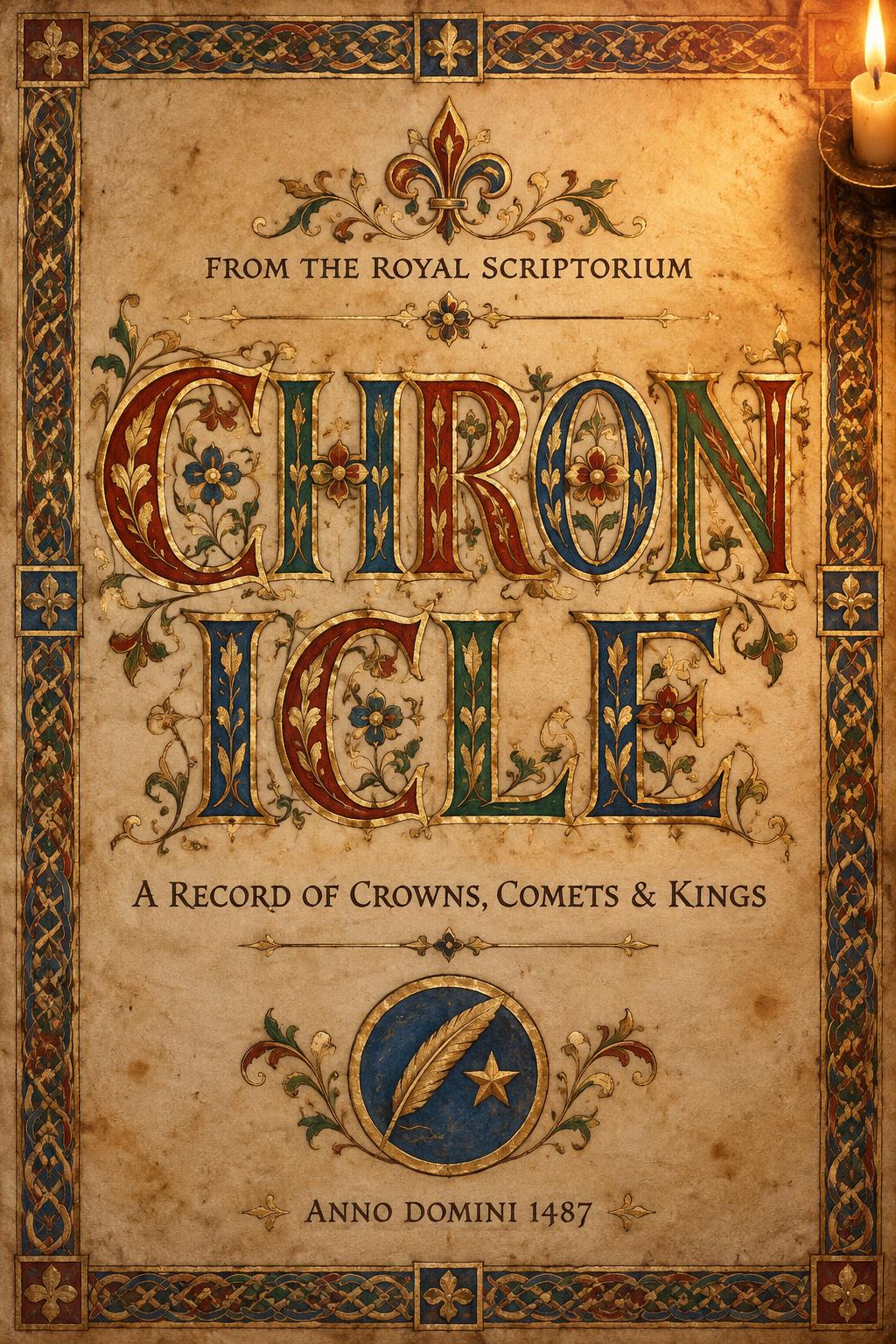 "CHRONICLE
FROM THE ROYAL SCRIPTORIUM
A RECORD OF CROWNS, COMETS & KINGS
ANNO DOMINI 1487" — Medieval | AI Text Effect Generator