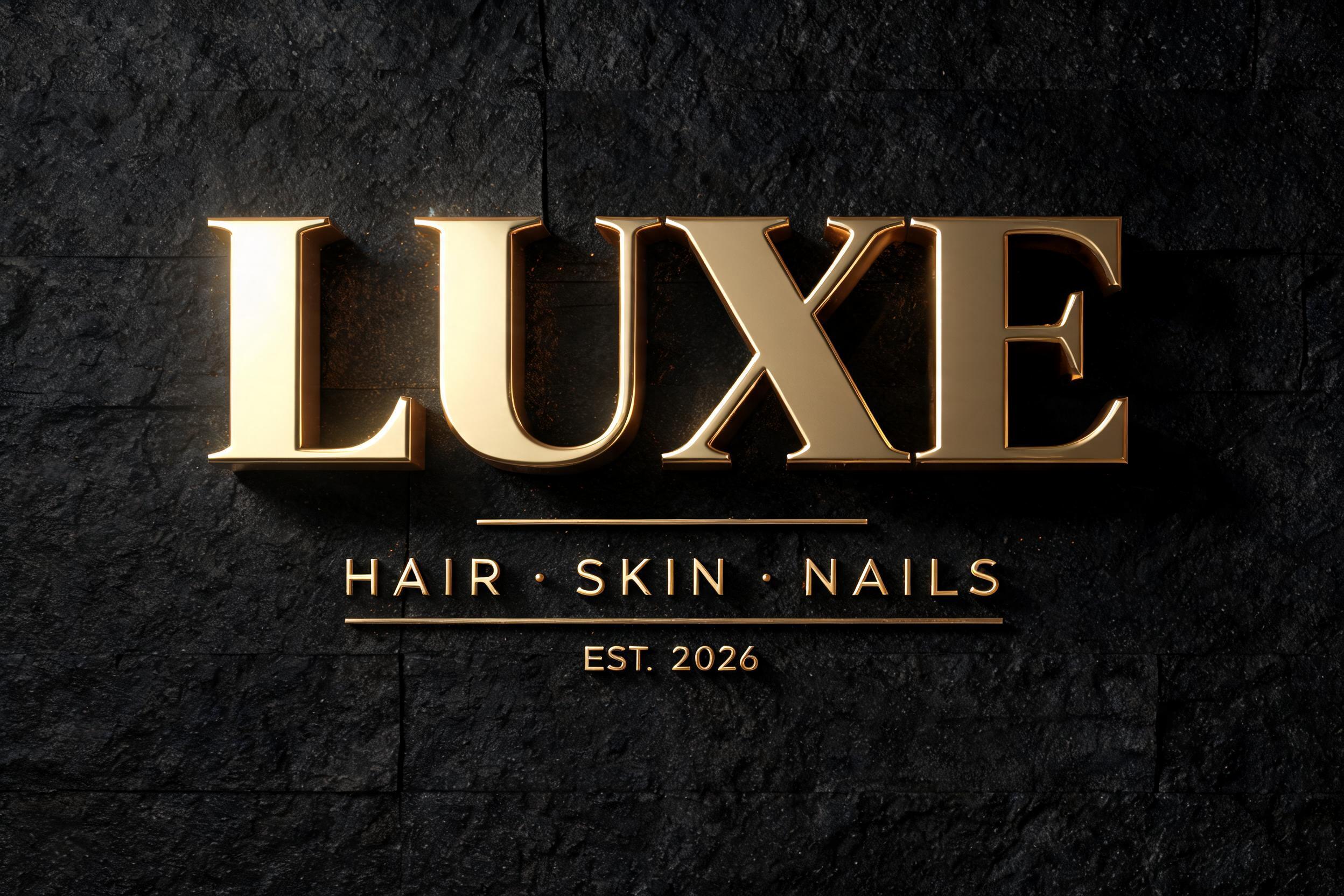 "LUXE
HAIR · SKIN · NAILS
EST. 2026" — 3d Bold Gold | AI Text Effect Generator