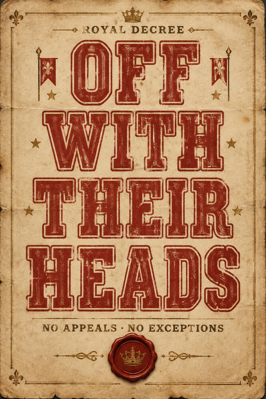 "OFF
WITH
THEIR
HEADS
ROYAL DECREE
NO APPEALS · NO EXCEPTIONS" — Vintage | AI Text Effect Generator